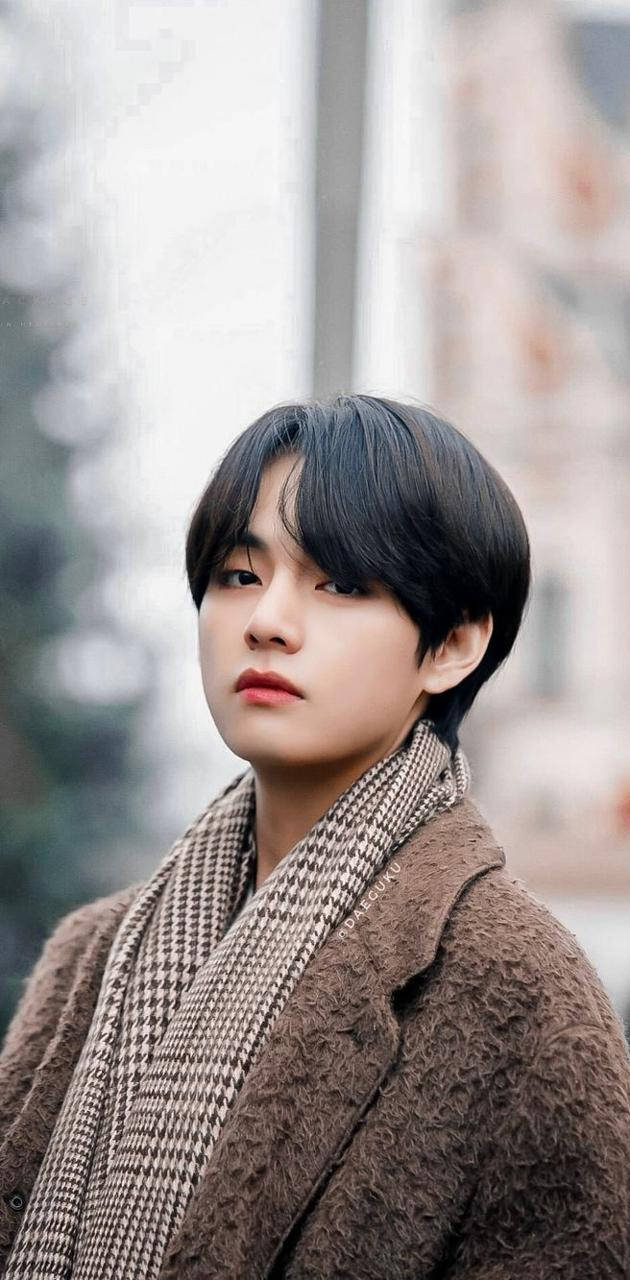 BTS V, brown coat, patterned scarf, HD Phone Wallpaper