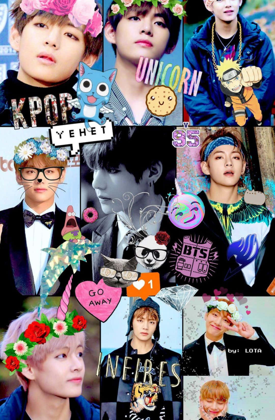 BTS V, floral crowns, cartoon characters, HD Phone Wallpaper