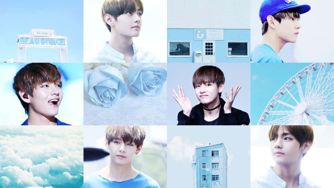 BTS V, blue-themed settings, clouds, HD Desktop Wallpaper