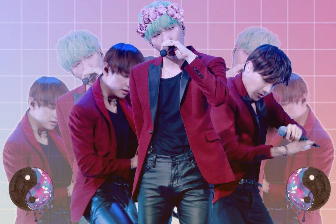BTS, red blazers, pink grid backdrop, SD Desktop Wallpaper