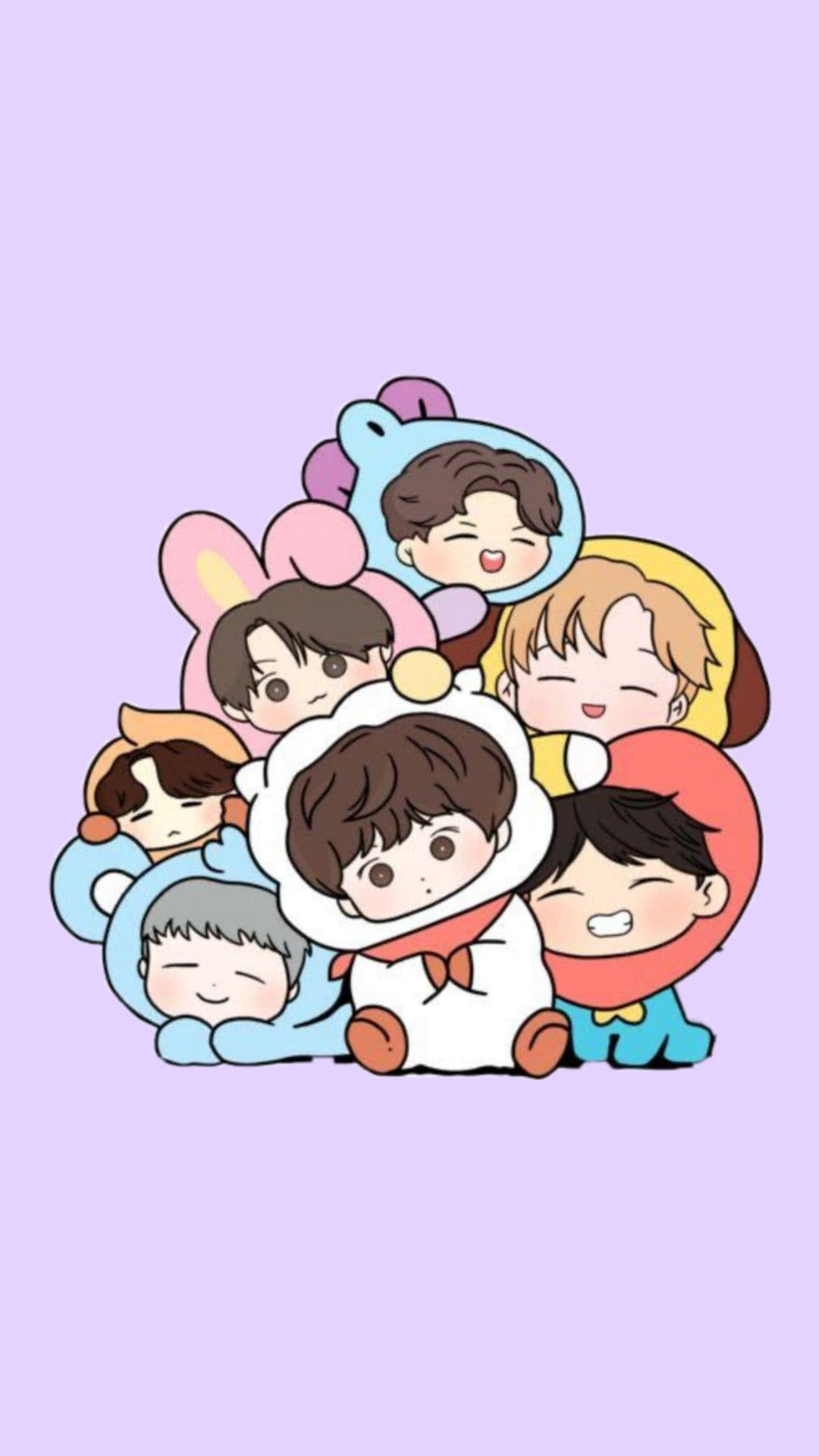BTS, chibi-style, colorful animal costumes, Full HD Phone Wallpaper