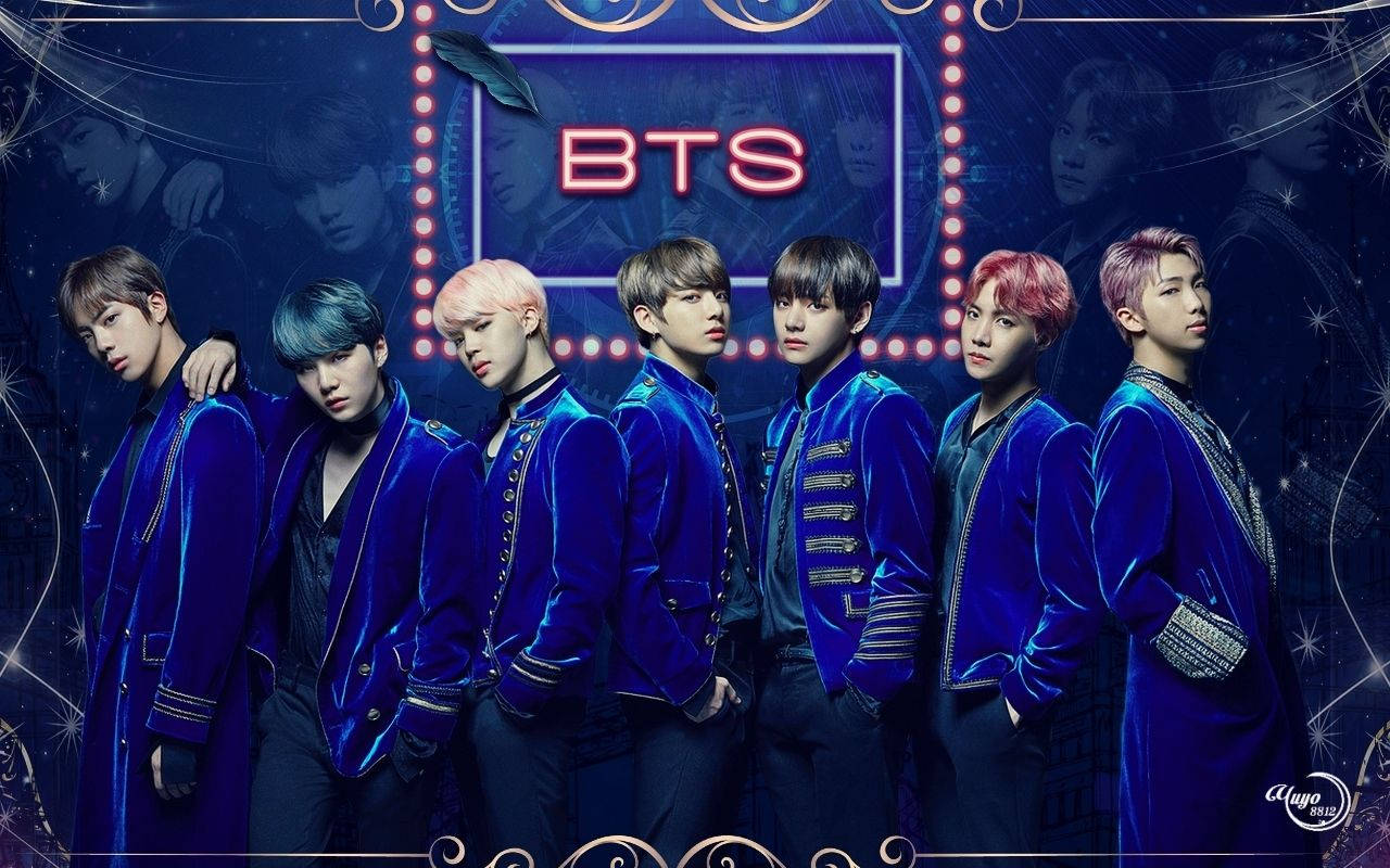 BTS, royal blue velvet jackets, glowing BTS sign, HD Desktop Wallpaper