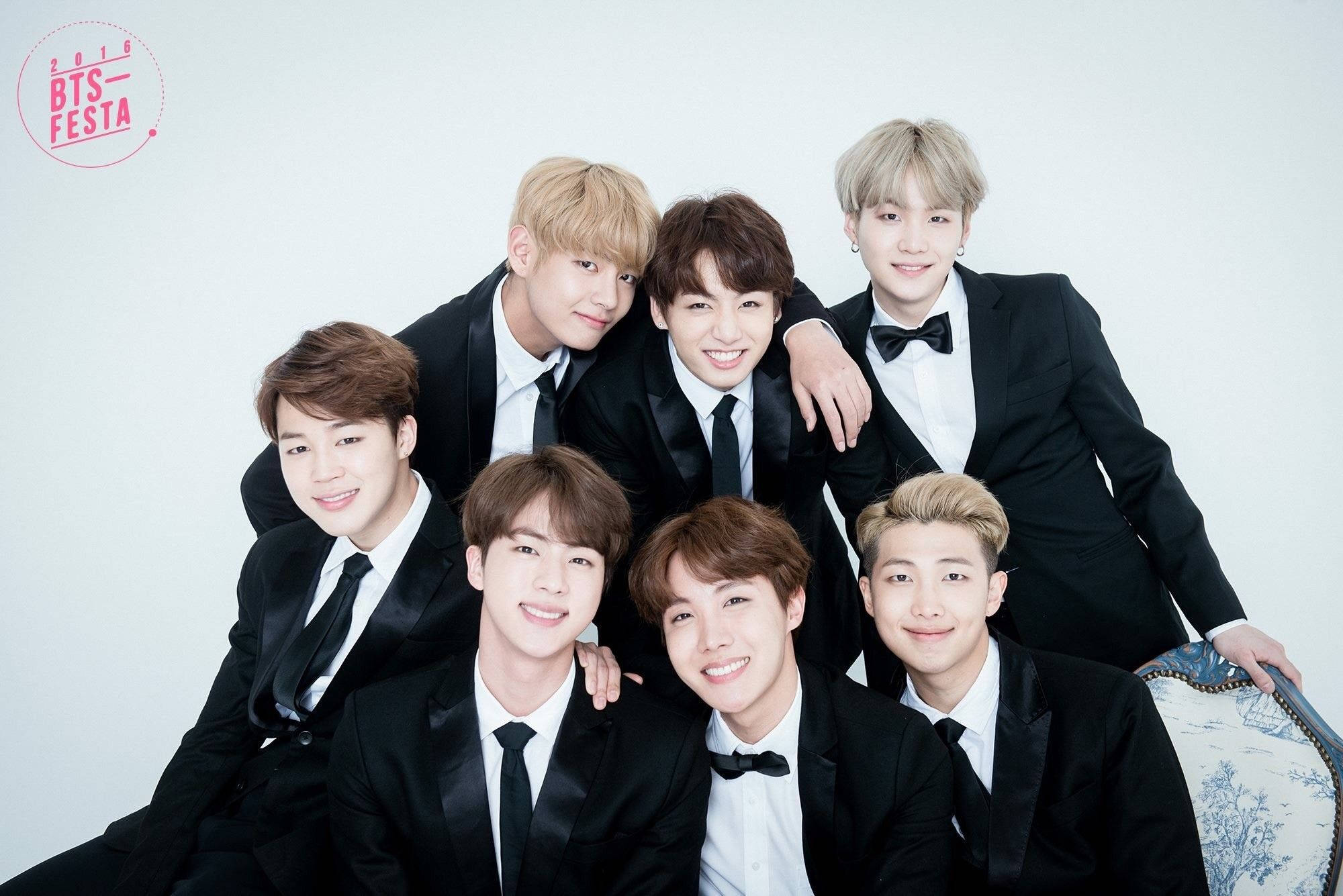 BTS, K-pop boy band, black tuxedos, Full HD Desktop Wallpaper