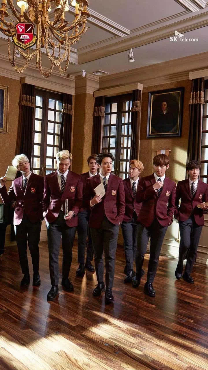 BTS, maroon school uniform, grand sunlit hall, HD Phone Wallpaper