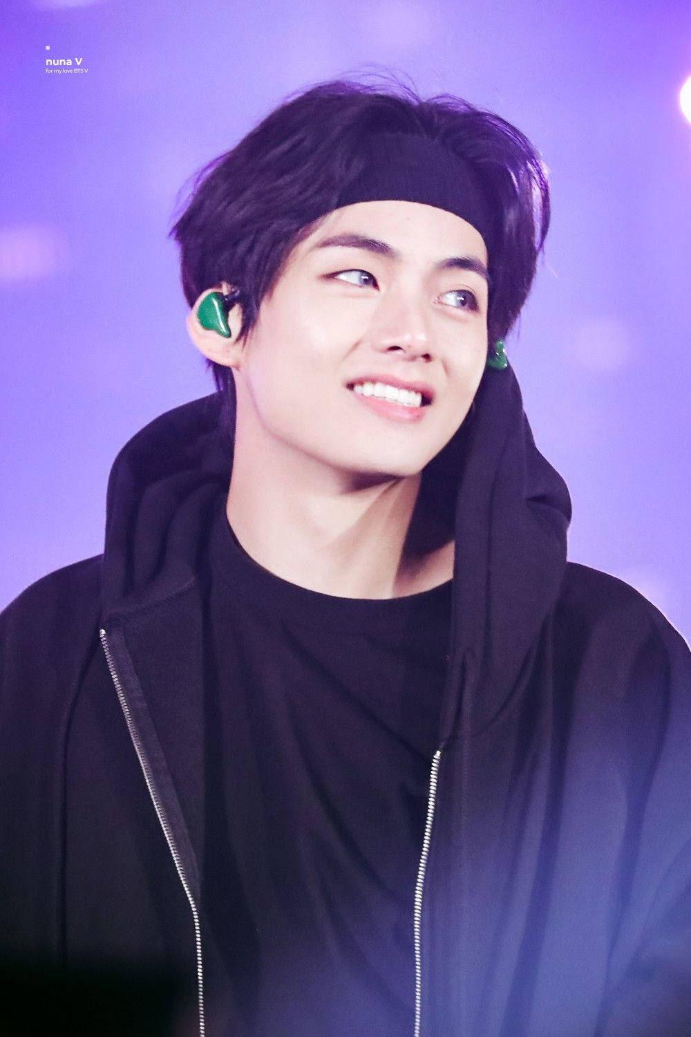 BTS V, black outfit, glowing purple stage backdrop, HD Phone Wallpaper