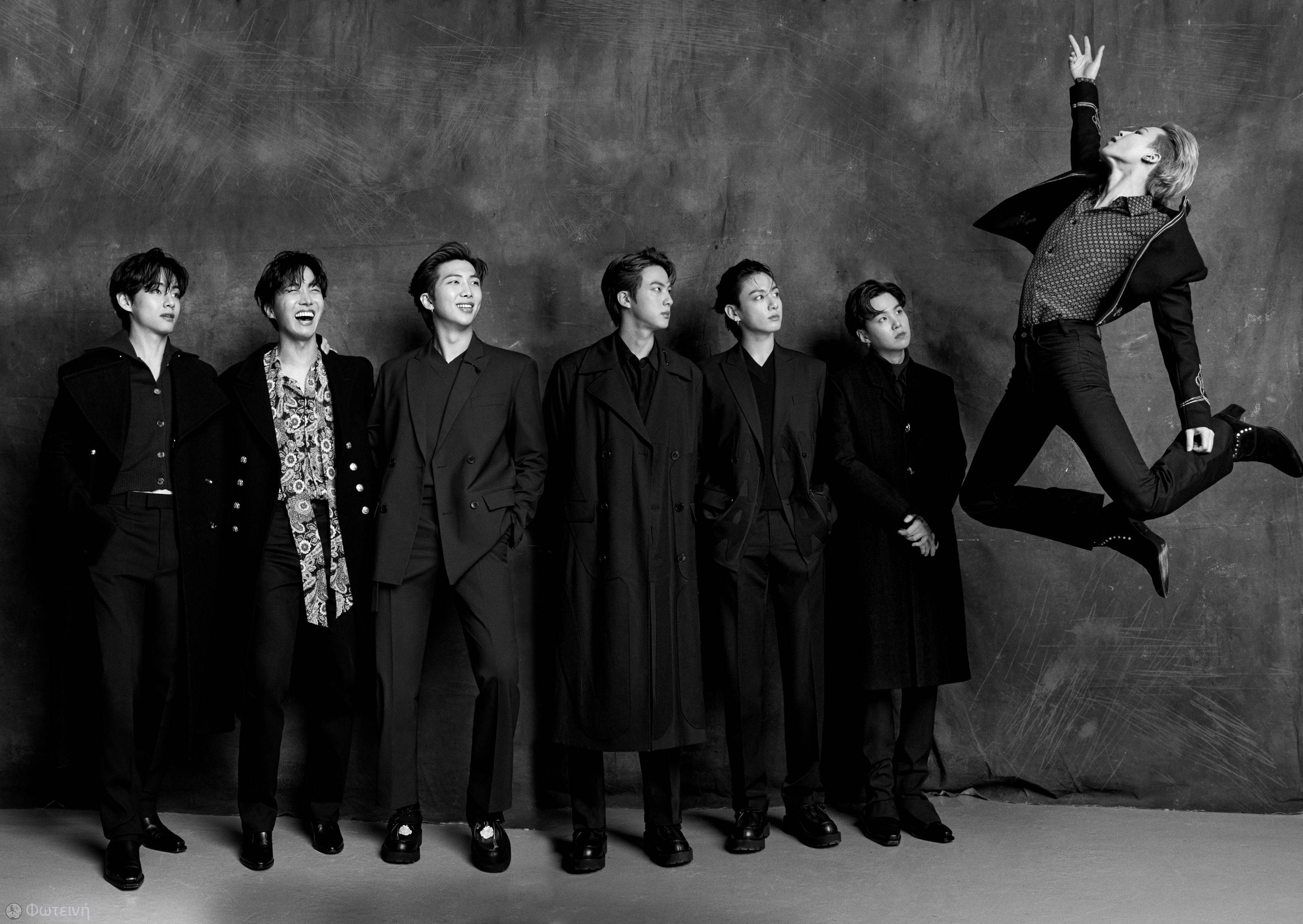 BTS, black and white, dark coats, 2K Desktop Wallpaper