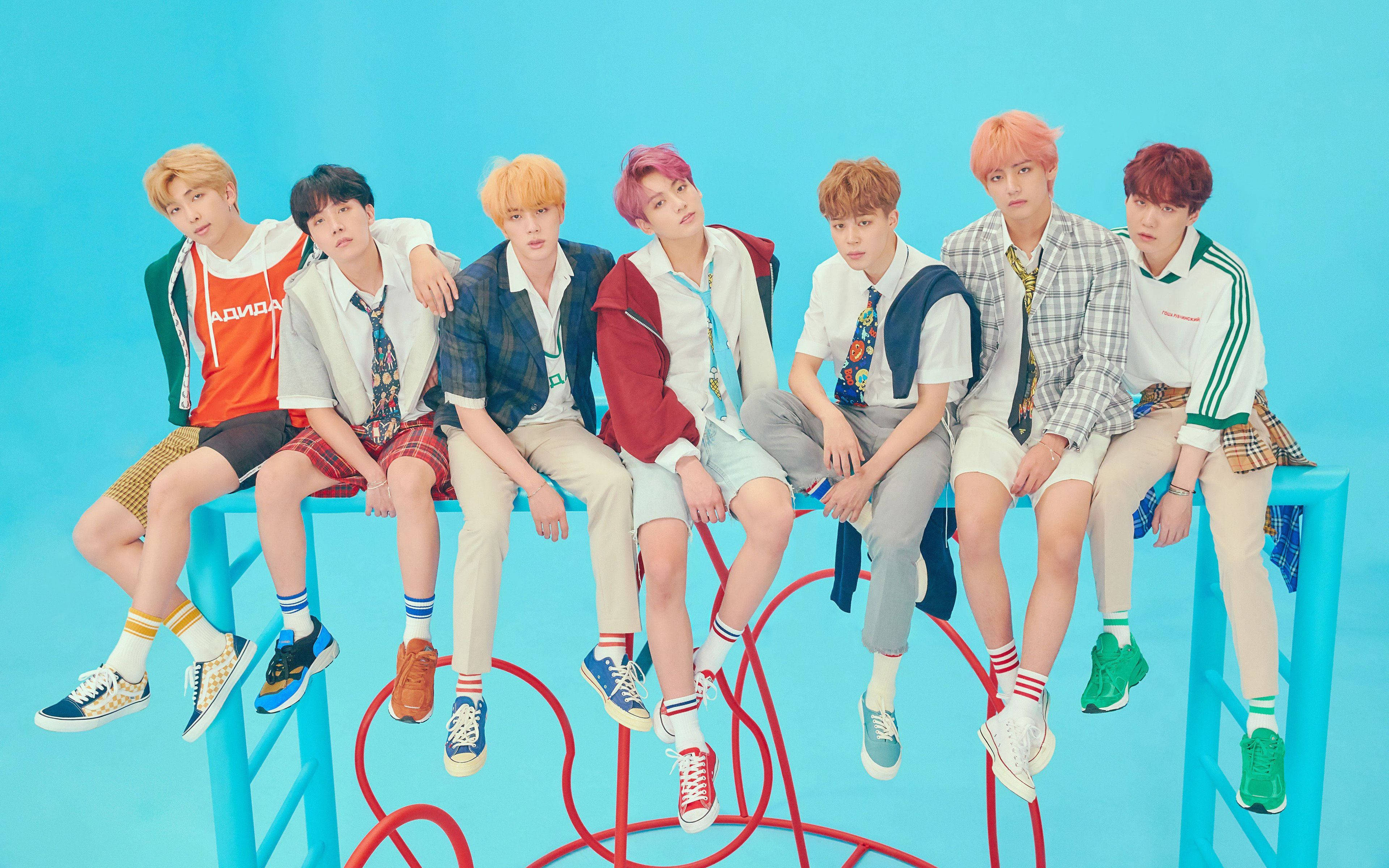BTS, colorful hair, bright blue bench, 4K Desktop Wallpaper