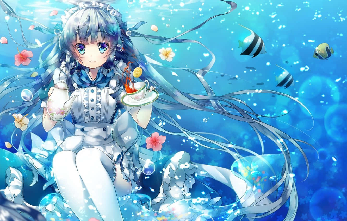 silver-haired anime girl, white dress, underwater, HD Desktop Wallpaper