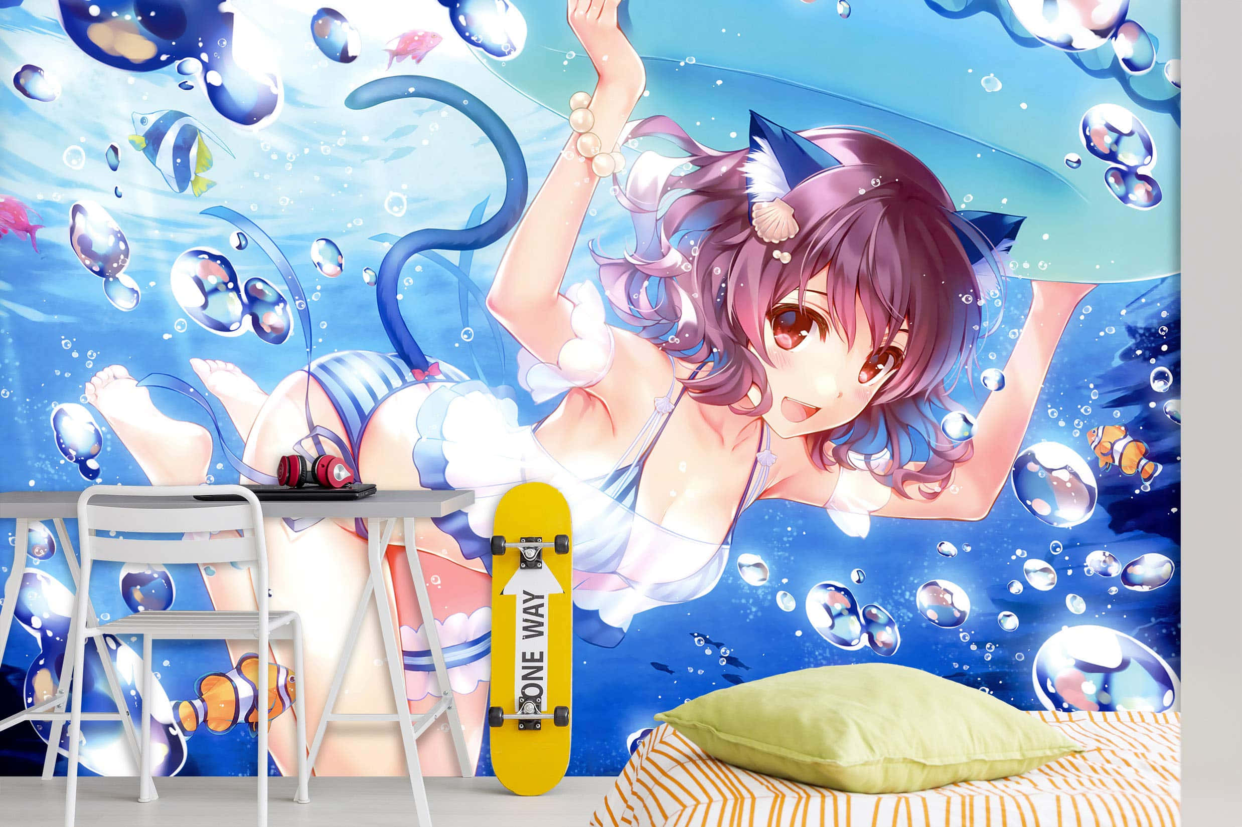 cat ear, bubble anime, underwater, Full HD Desktop Wallpaper