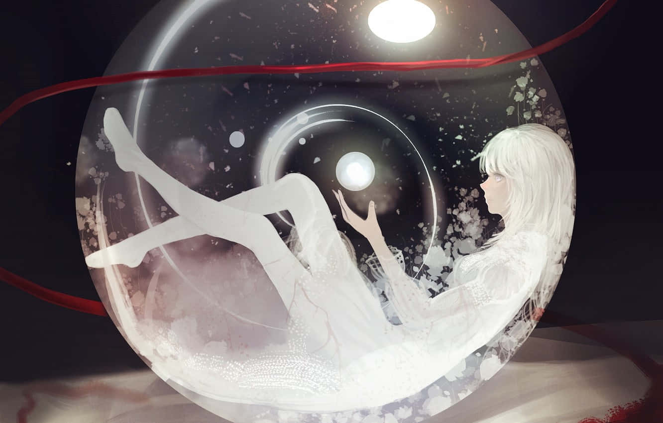 white-haired anime girl, glowing orb, luminous sphere, HD Desktop Wallpaper