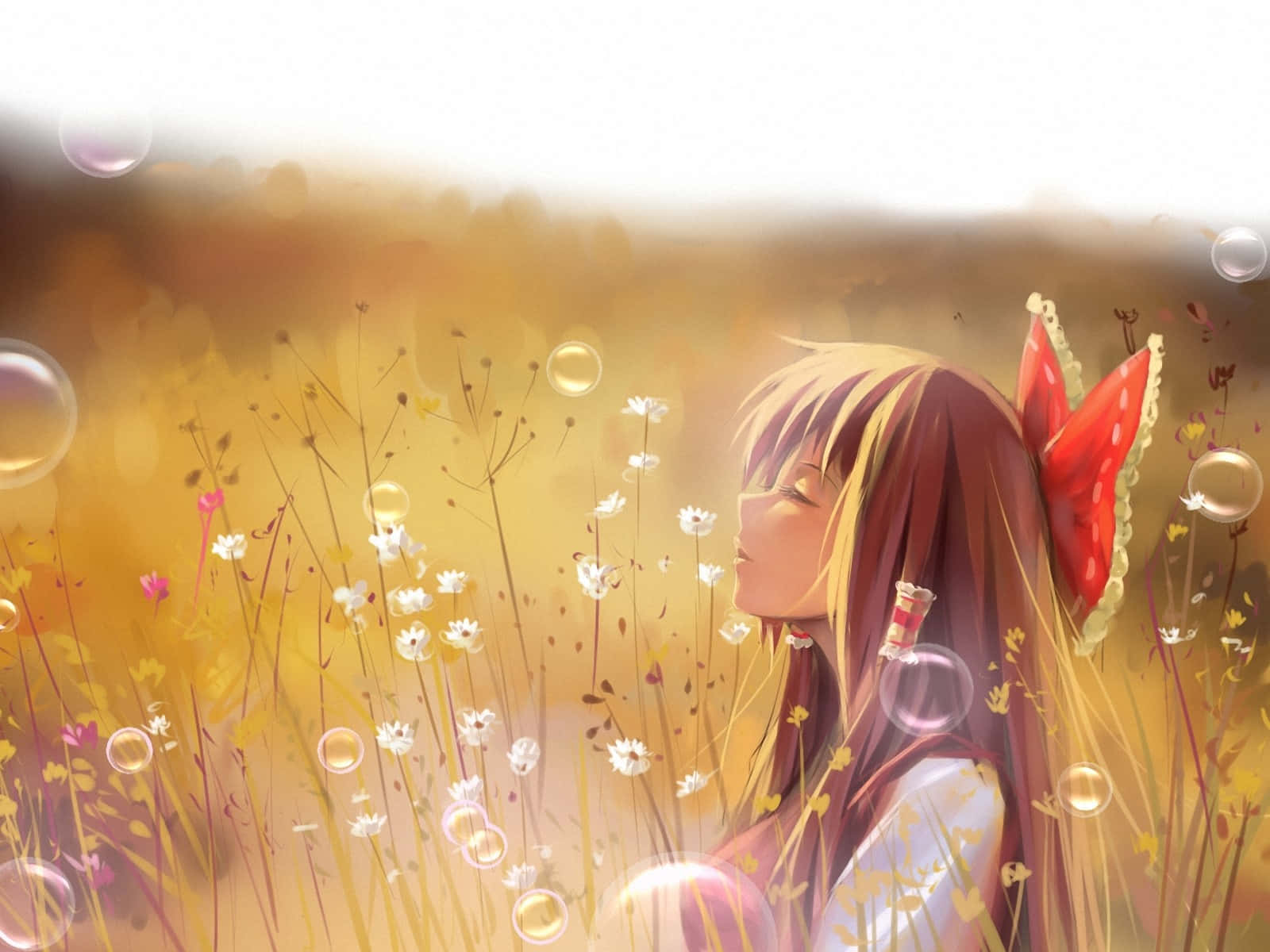 Girl In Field With Bubble Anime, red bow, golden field of wildflowers, HD Desktop Wallpaper