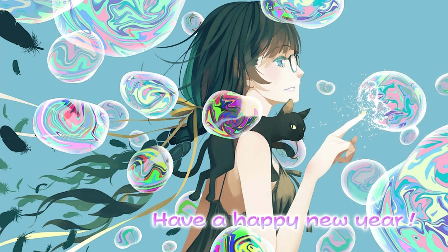 Bubble Anime, happy new year poster, young girl with glasses, HD Desktop Wallpaper
