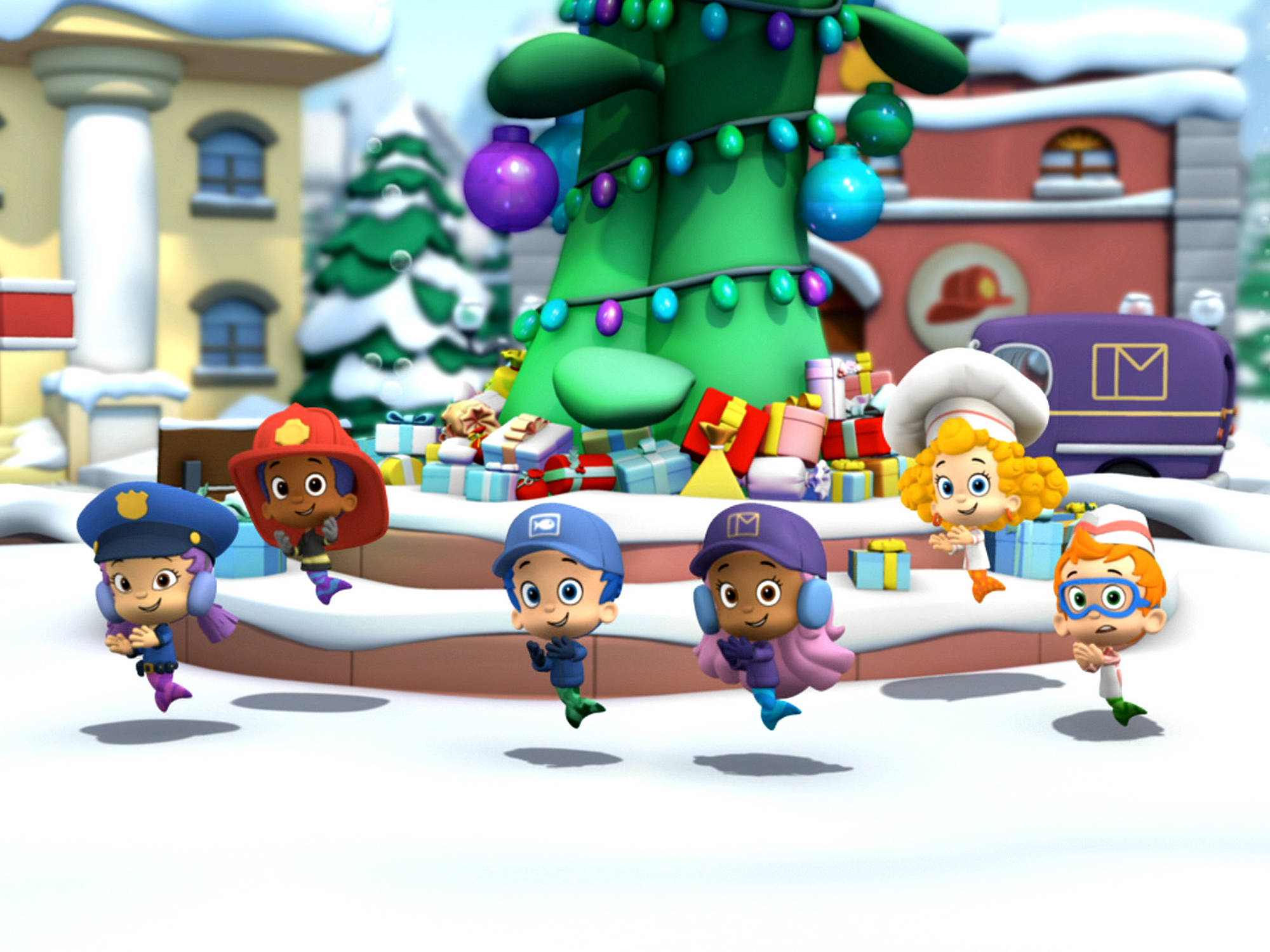 Bubble Guppies, Christmas tree, snowy town square, Full HD Desktop Wallpaper