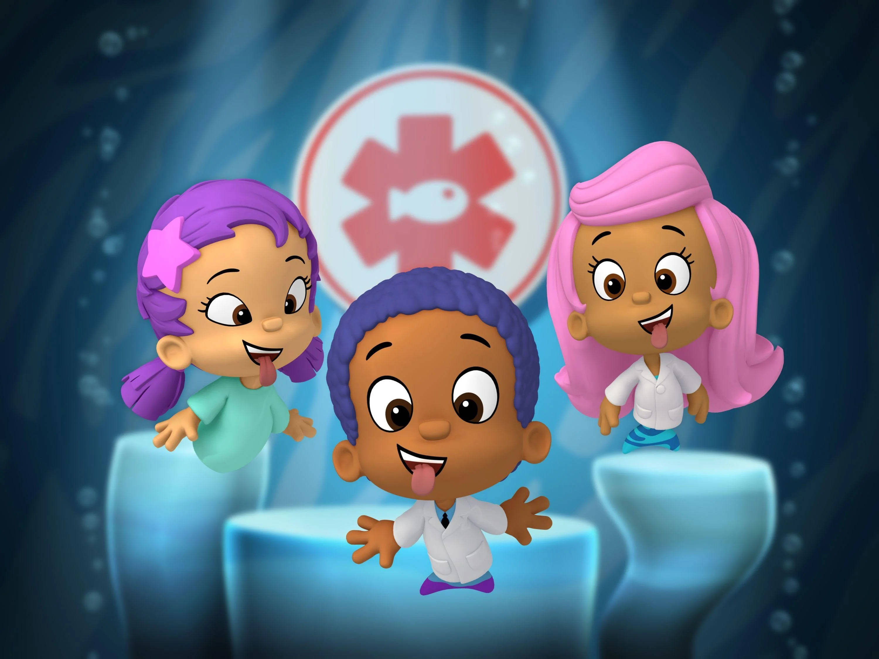 Bubble Guppies, lab coats, red fish emblem, 2K Desktop Wallpaper