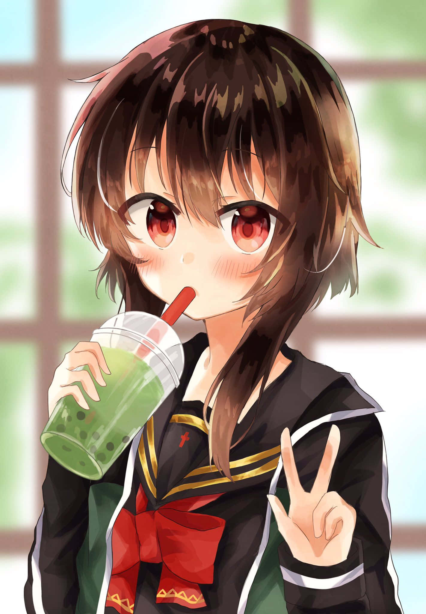 anime girl, school uniform, green bubble tea, Full HD Phone Wallpaper