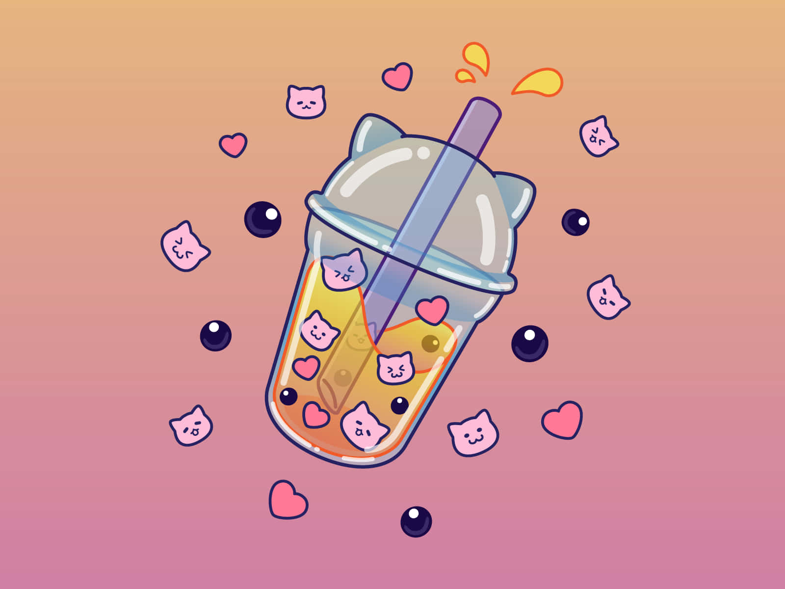 Bubble Tea Anime, cat-themed bubble tea drink, smiling cat faces, HD Desktop Wallpaper