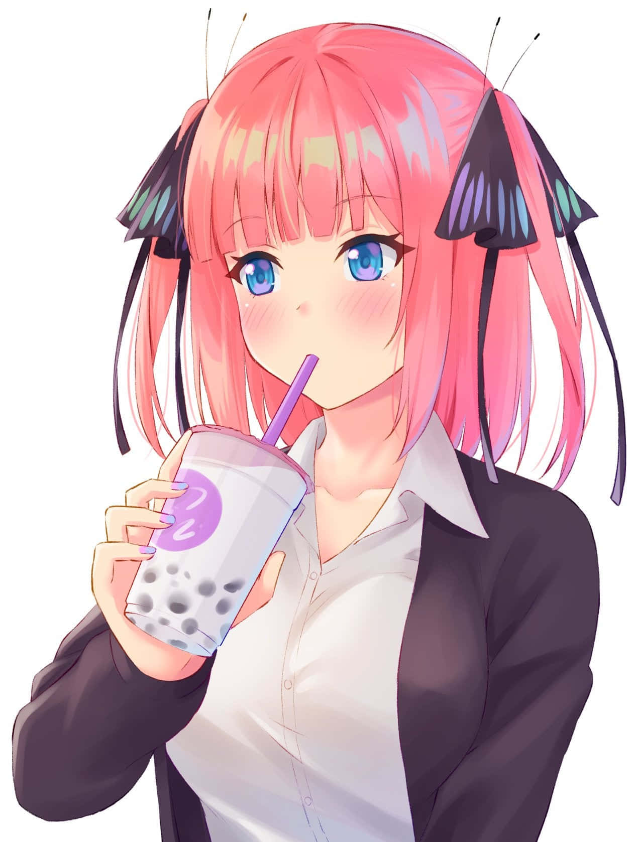 Bubble Tea Anime, pink hair, butterfly clips, HD Phone Wallpaper