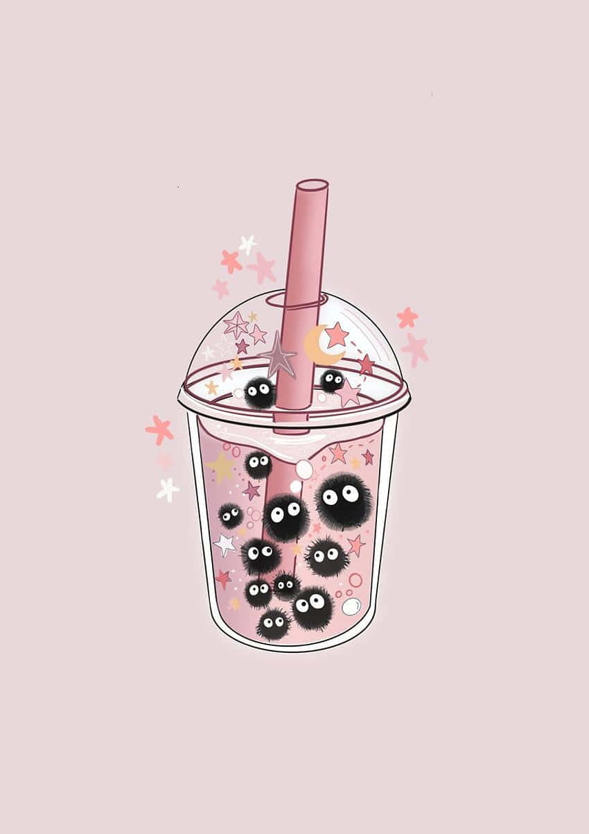 Bubble Tea Anime, pink bubble tea cup, cute black fluffy creatures, SD Phone Wallpaper