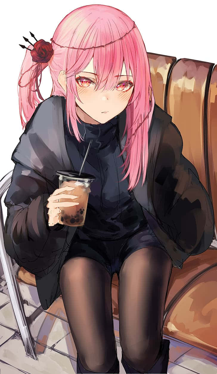 pink-haired anime girl, black attire, brown bench, SD Phone Wallpaper