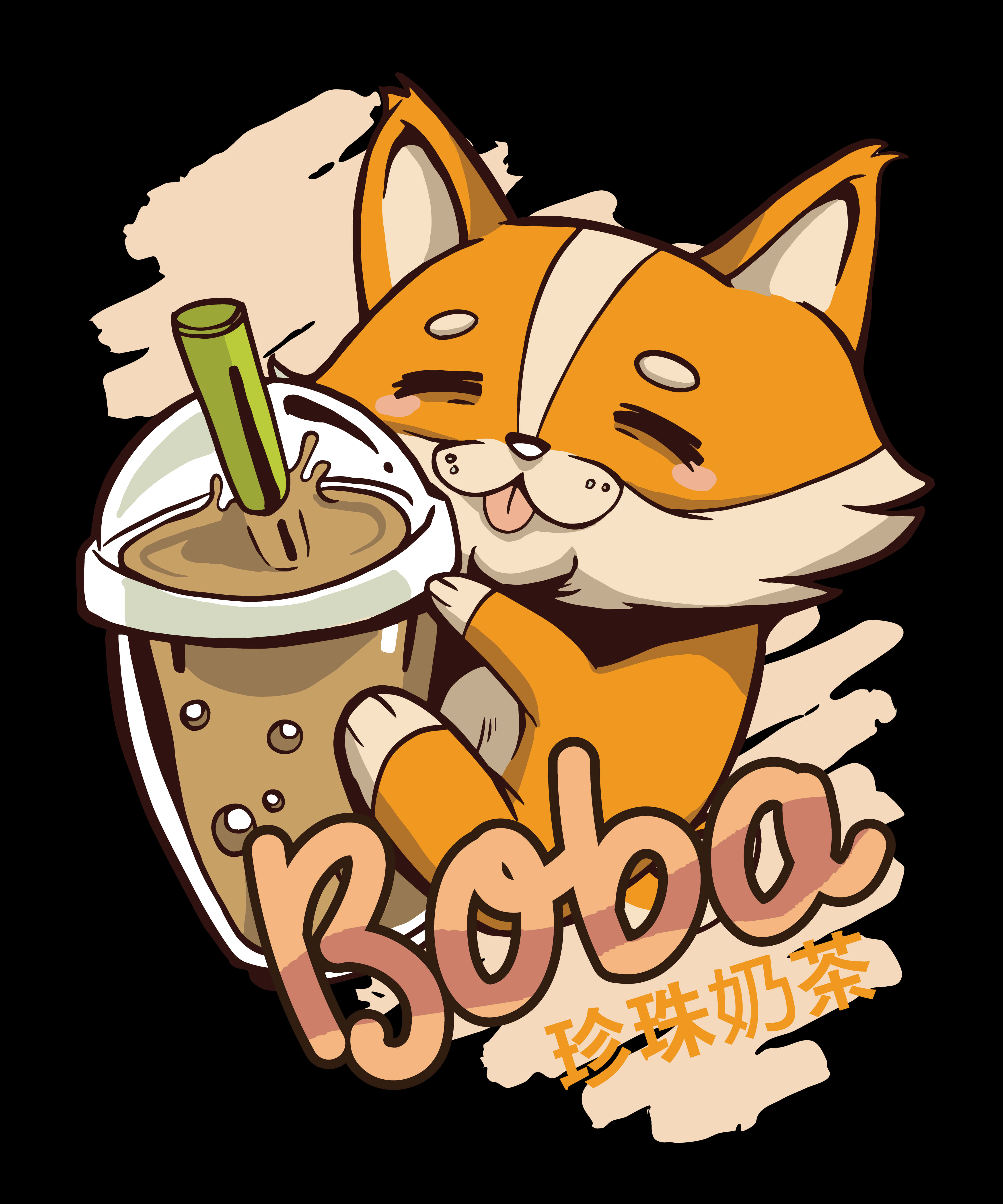 bubble tea anime, cute cartoon fox, boba tea, 5K Phone Wallpaper