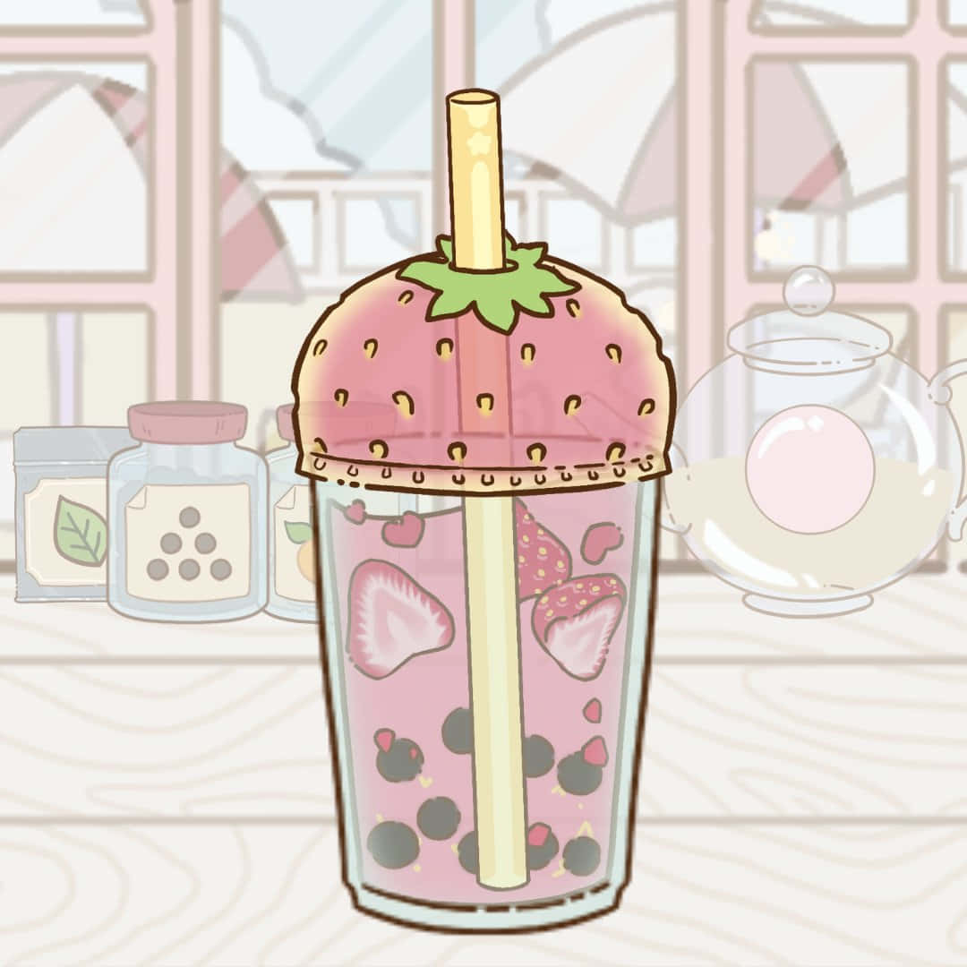 pink strawberry boba drink, strawberry lid, straw, SD Desktop Wallpaper