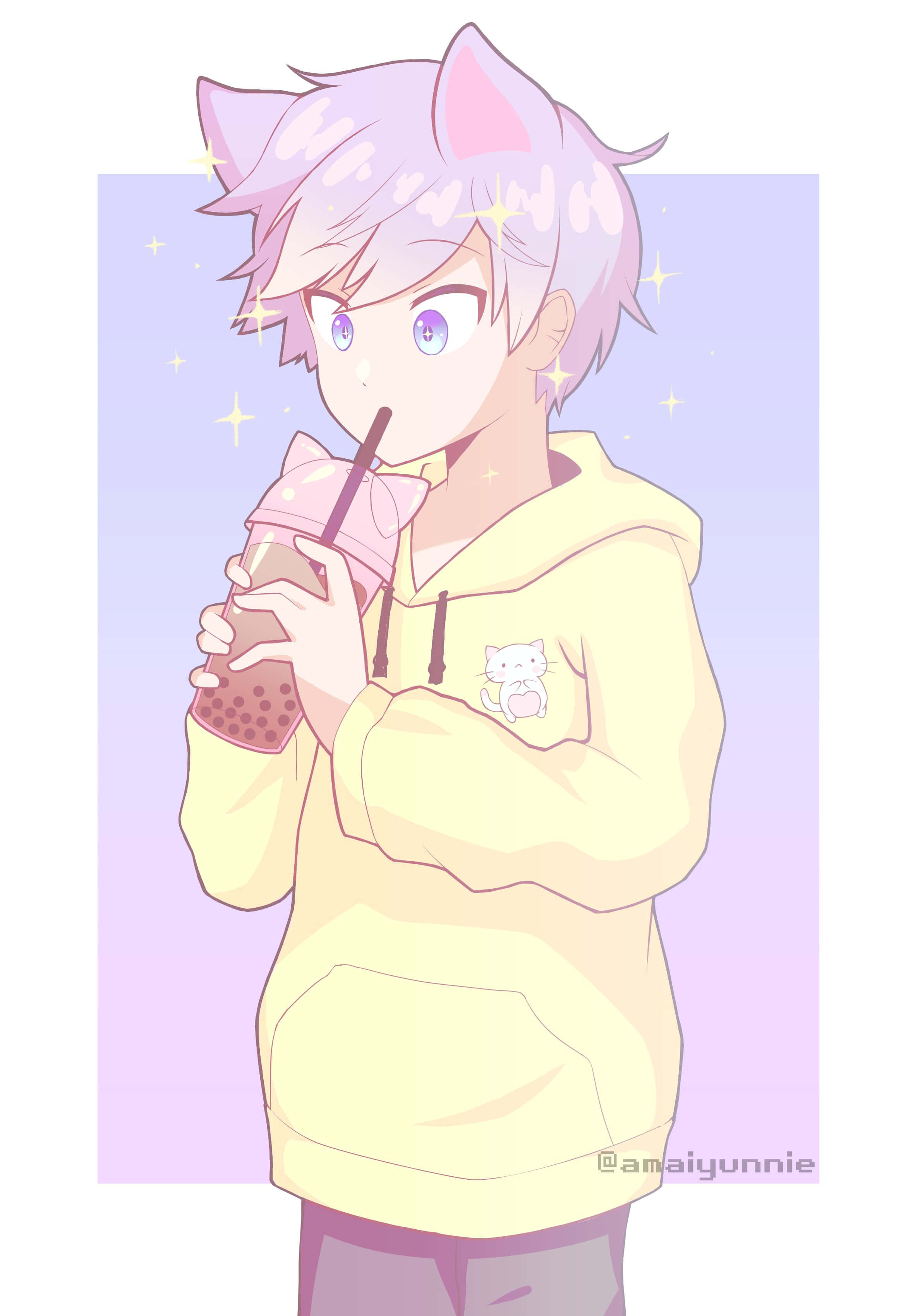bubble tea, anime boy, cat ears, 2K Phone Wallpaper