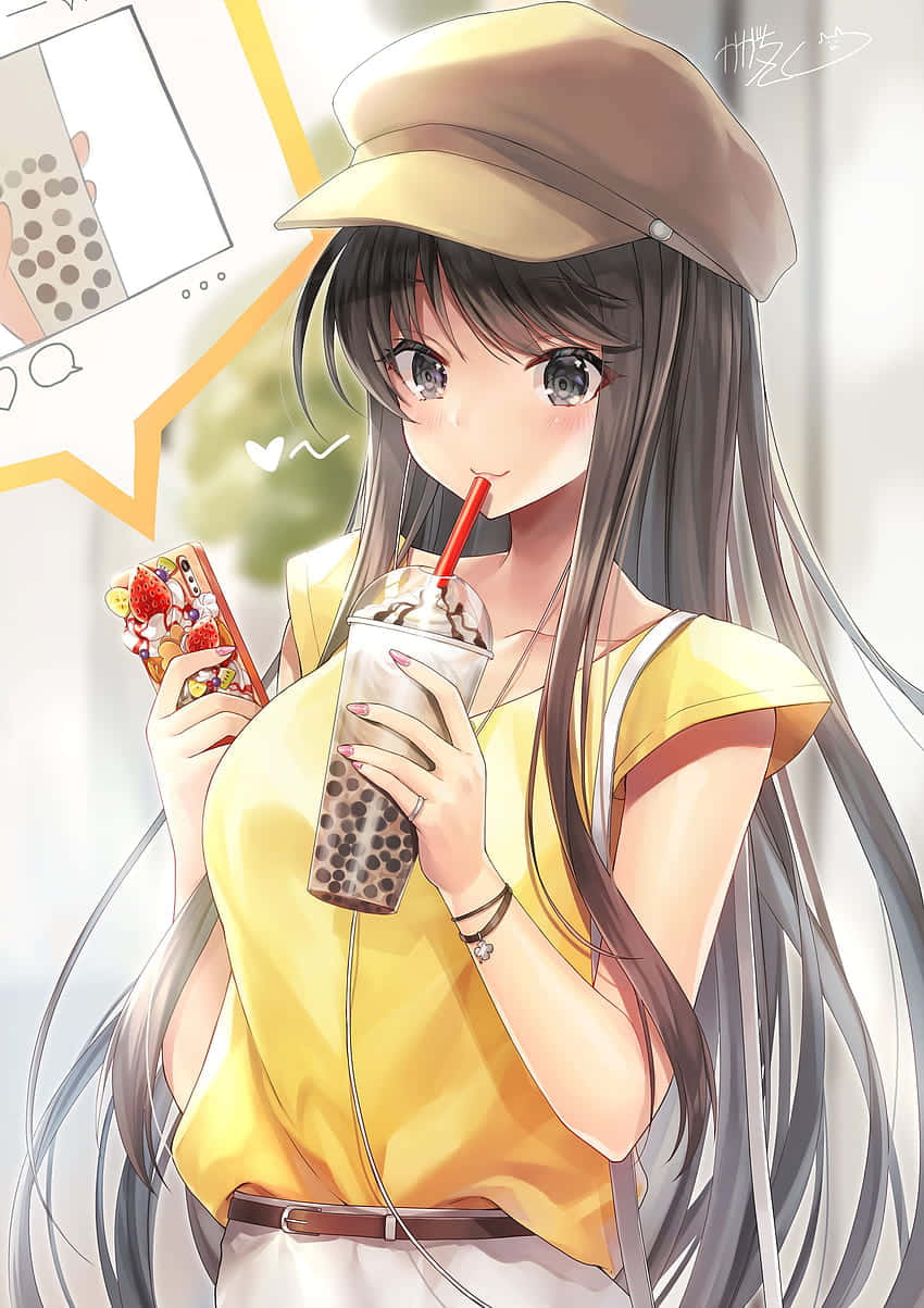 Bubble Tea Anime, anime girl, yellow shirt, SD Phone Wallpaper