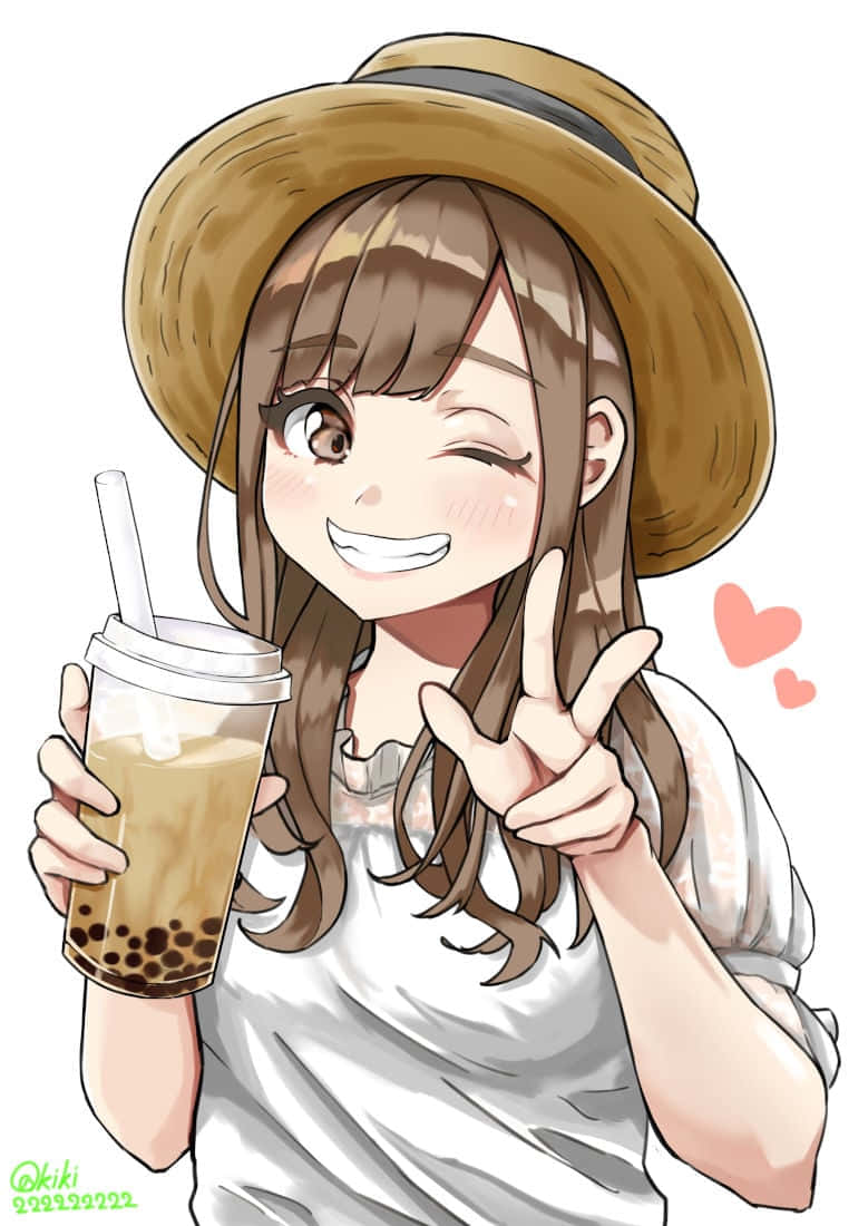 bubble tea anime, anime girl, straw hat, SD Phone Wallpaper