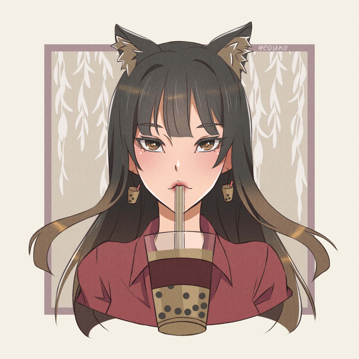 bubble tea, anime girl, fox ears, HD Desktop Wallpaper