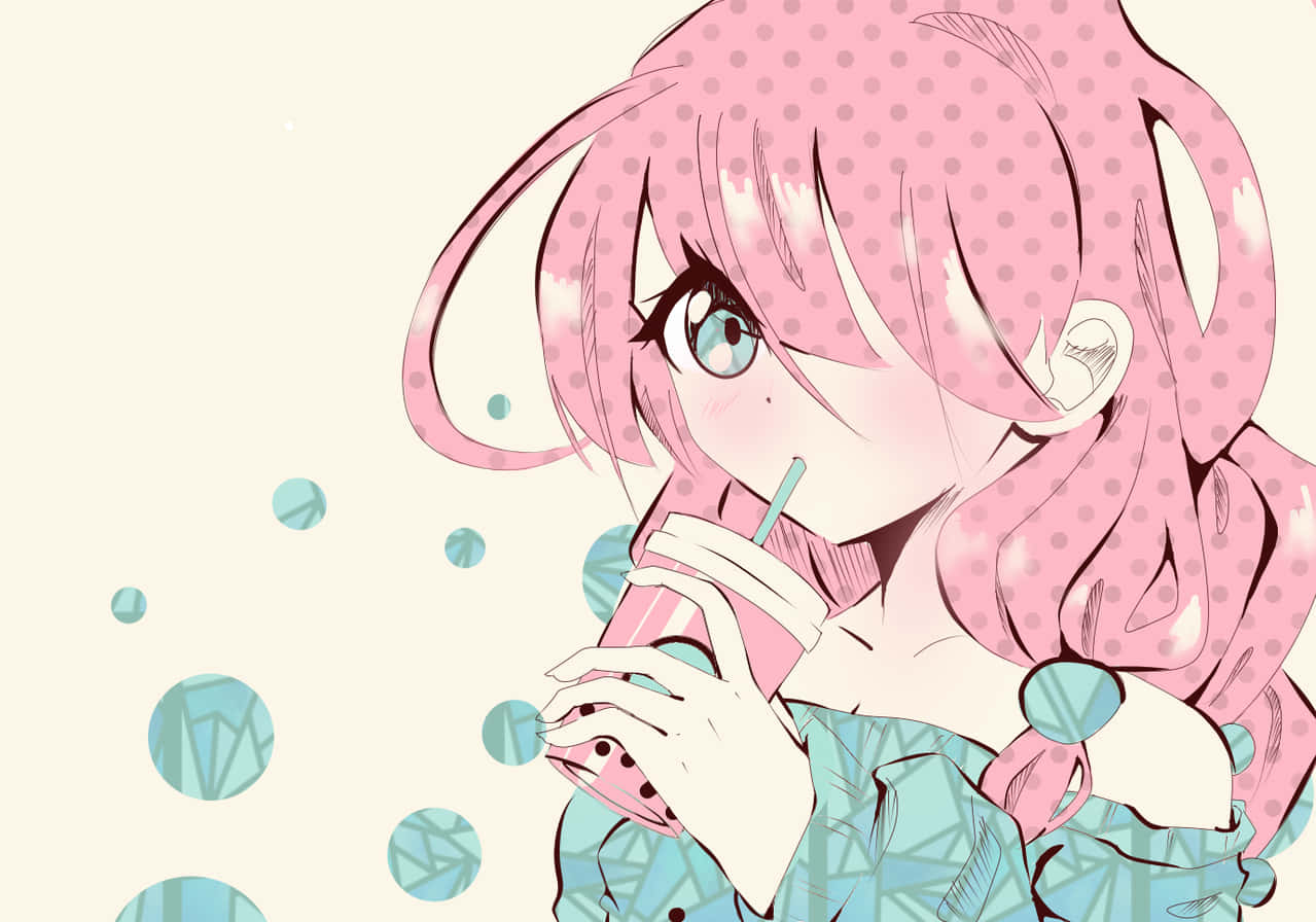 Bubble Tea Anime, pink-haired anime girl, teal bubbles, SD Desktop Wallpaper