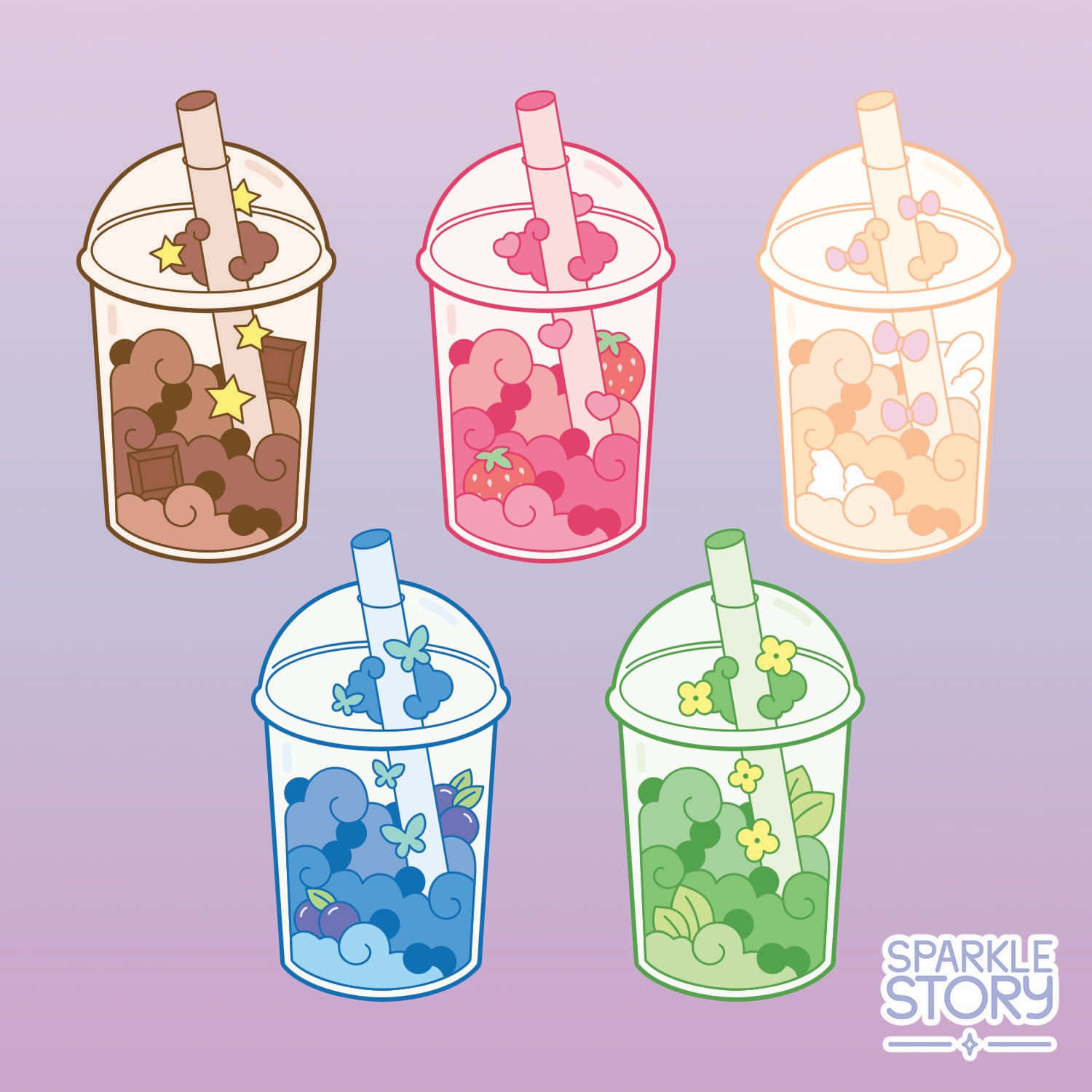 Bubble Tea Anime, colorful cartoon bubble tea cups, whimsical toppings, HD Desktop Wallpaper