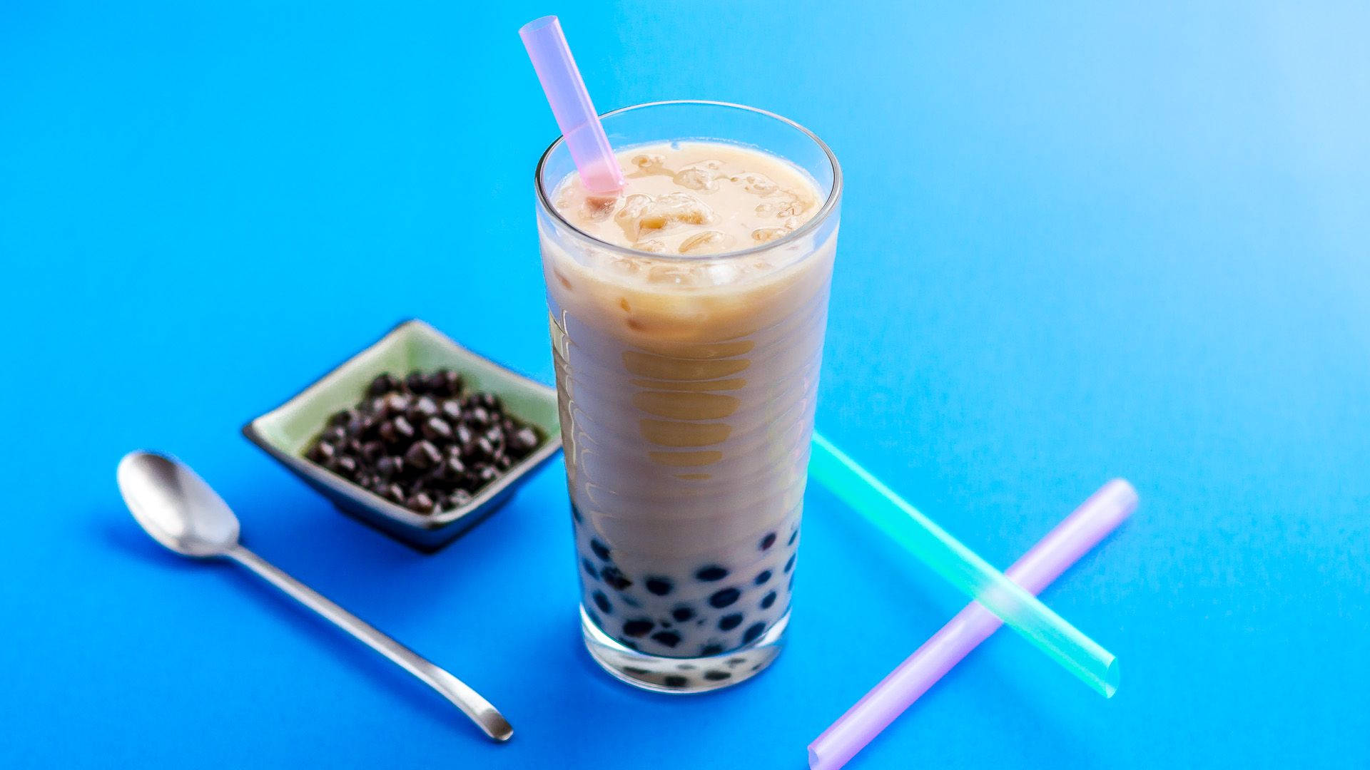 classic bubble tea, tapioca pearls, pink straw, Full HD Desktop Wallpaper
