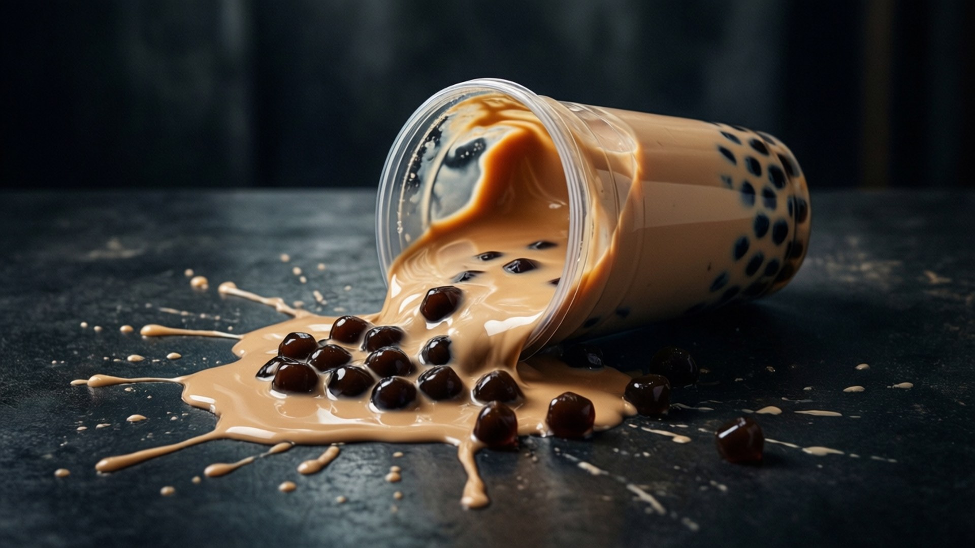 spilled bubble tea, pearls scattered, dramatic spill, Full HD Desktop Wallpaper