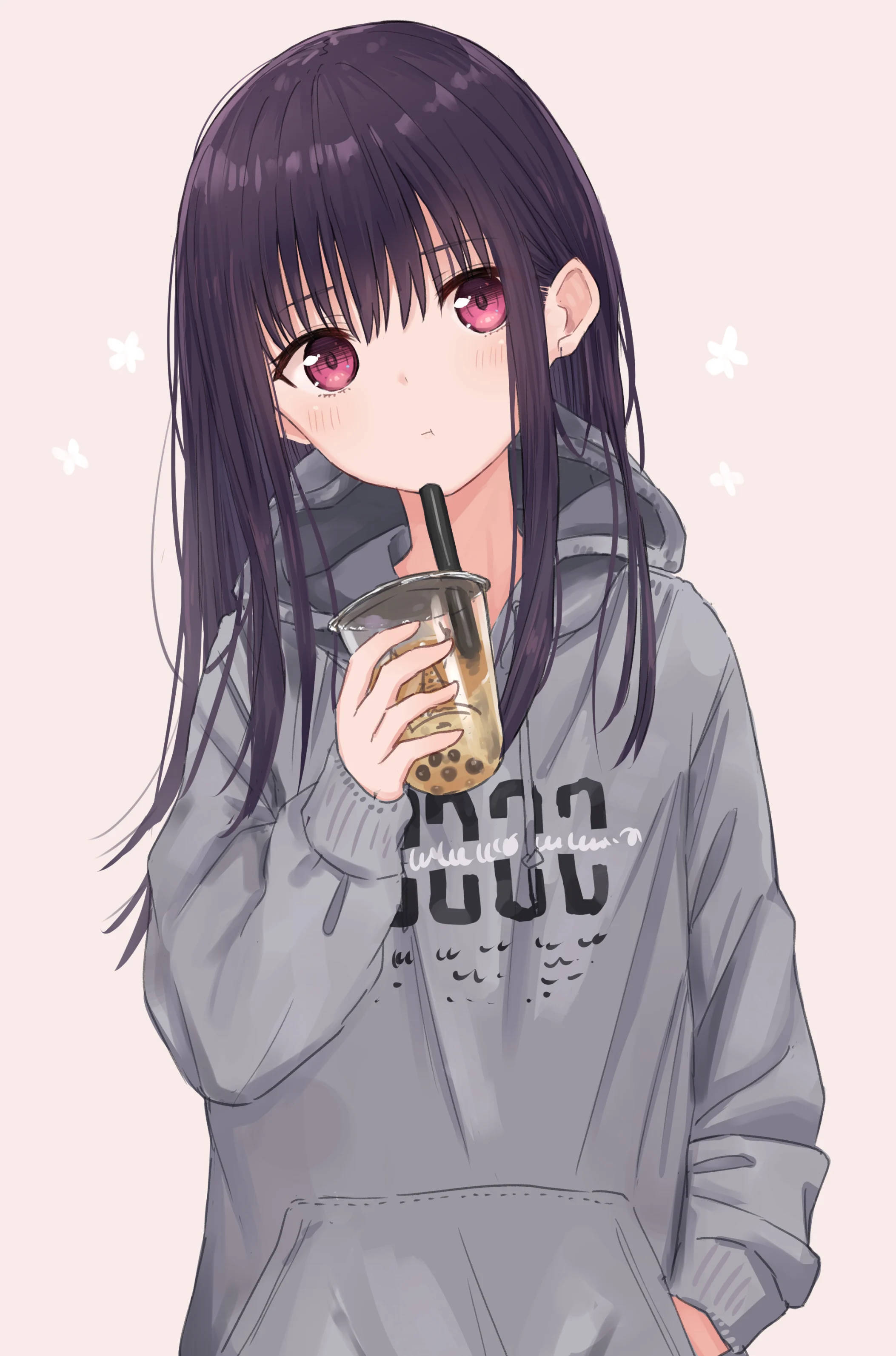 kawaii anime bubble tea, anime girl, purple hair, 2K Phone Wallpaper