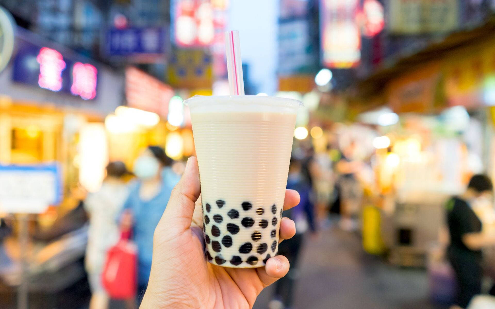 bubble tea, black pearls, neon-lit night market, Full HD Desktop Wallpaper
