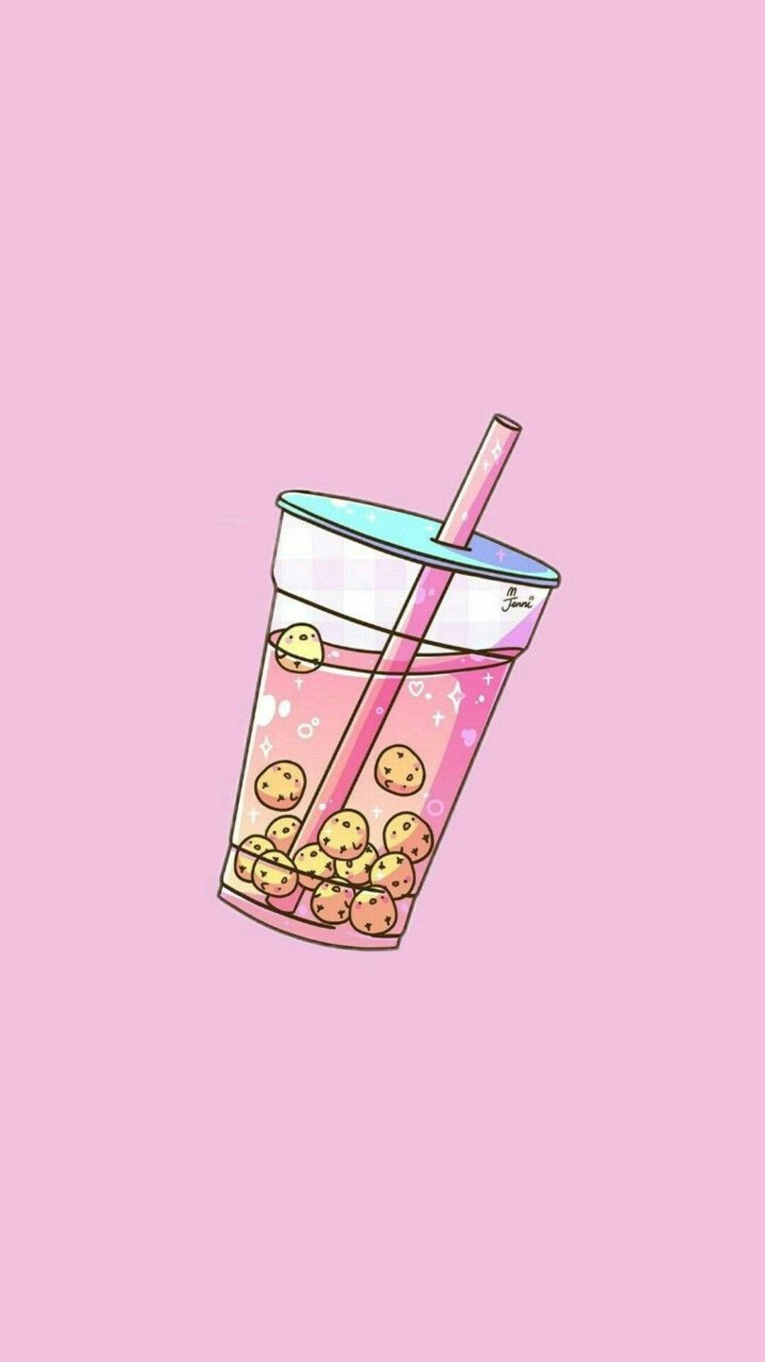 chibi pink bubble tea, smiling boba pearls, straw, Full HD Phone Wallpaper