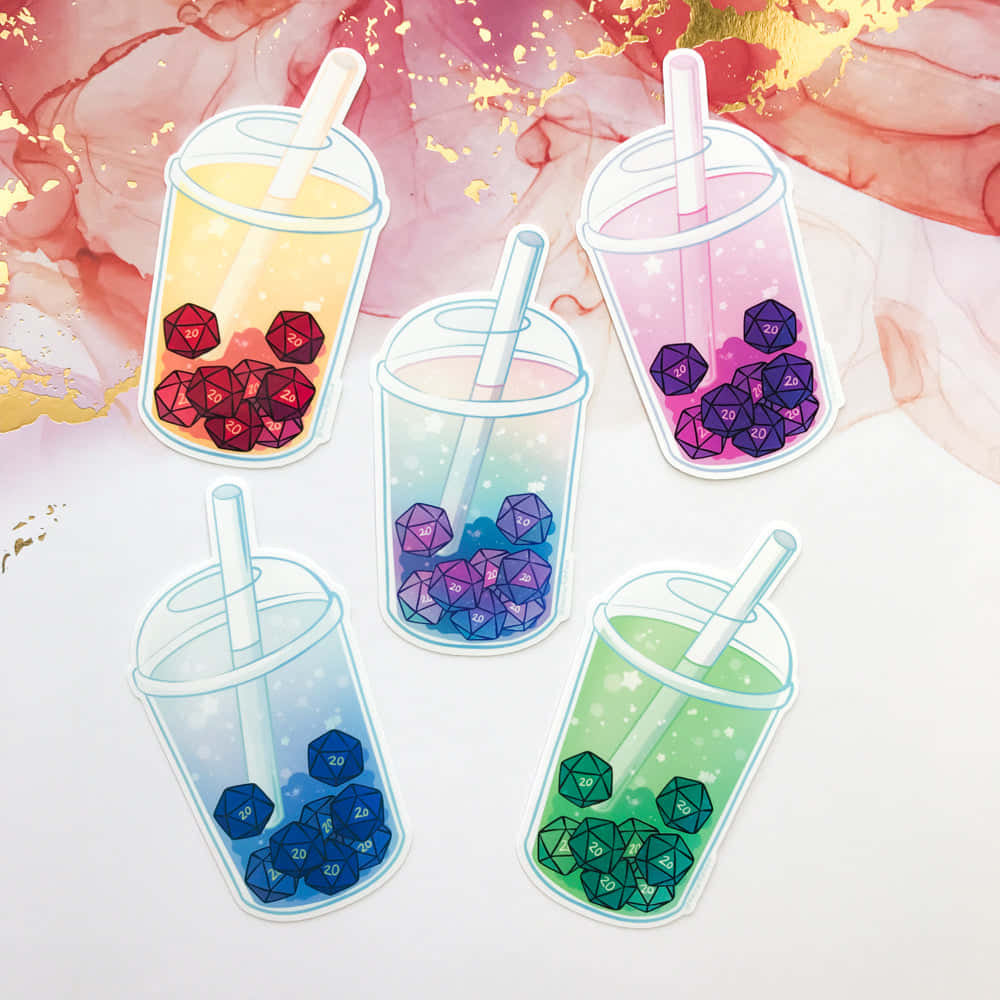 colorful cute boba tea dice, bubble tea cups, glitter, SD Desktop Wallpaper