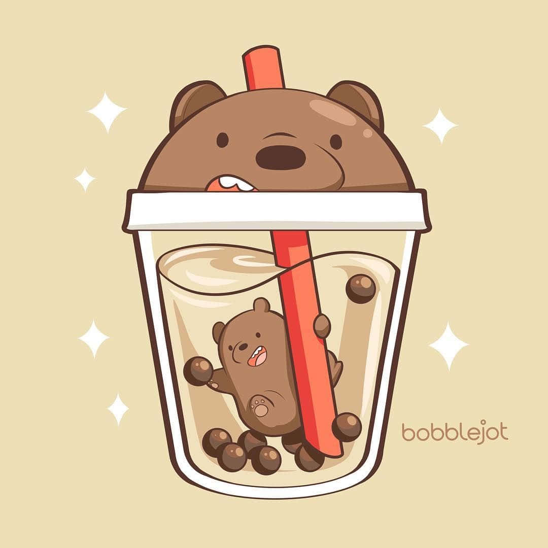 cute cartoon bear, boba tea cup, smaller bear, SD Desktop Wallpaper