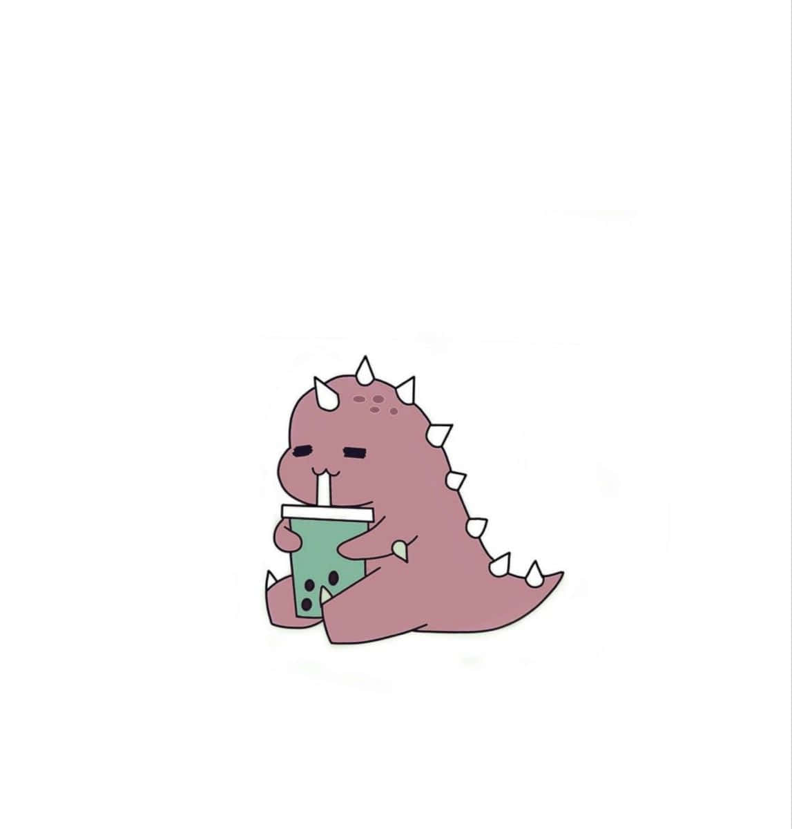 pink cartoon dinosaur, green bubble tea, straw, SD Phone Wallpaper