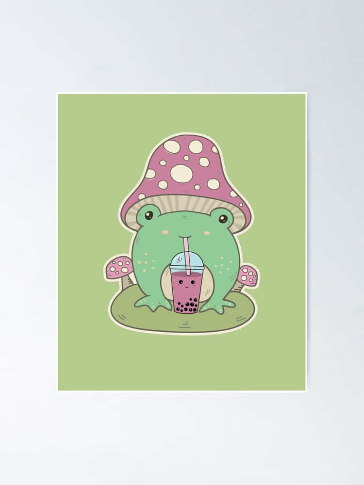 green frog, pink spotted mushroom hat, bubble tea, SD Phone Wallpaper