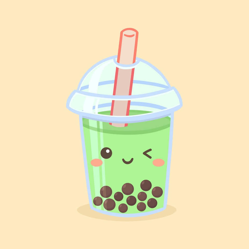 green bubble tea cup, winking face, brown tapioca pearls, SD Desktop Wallpaper
