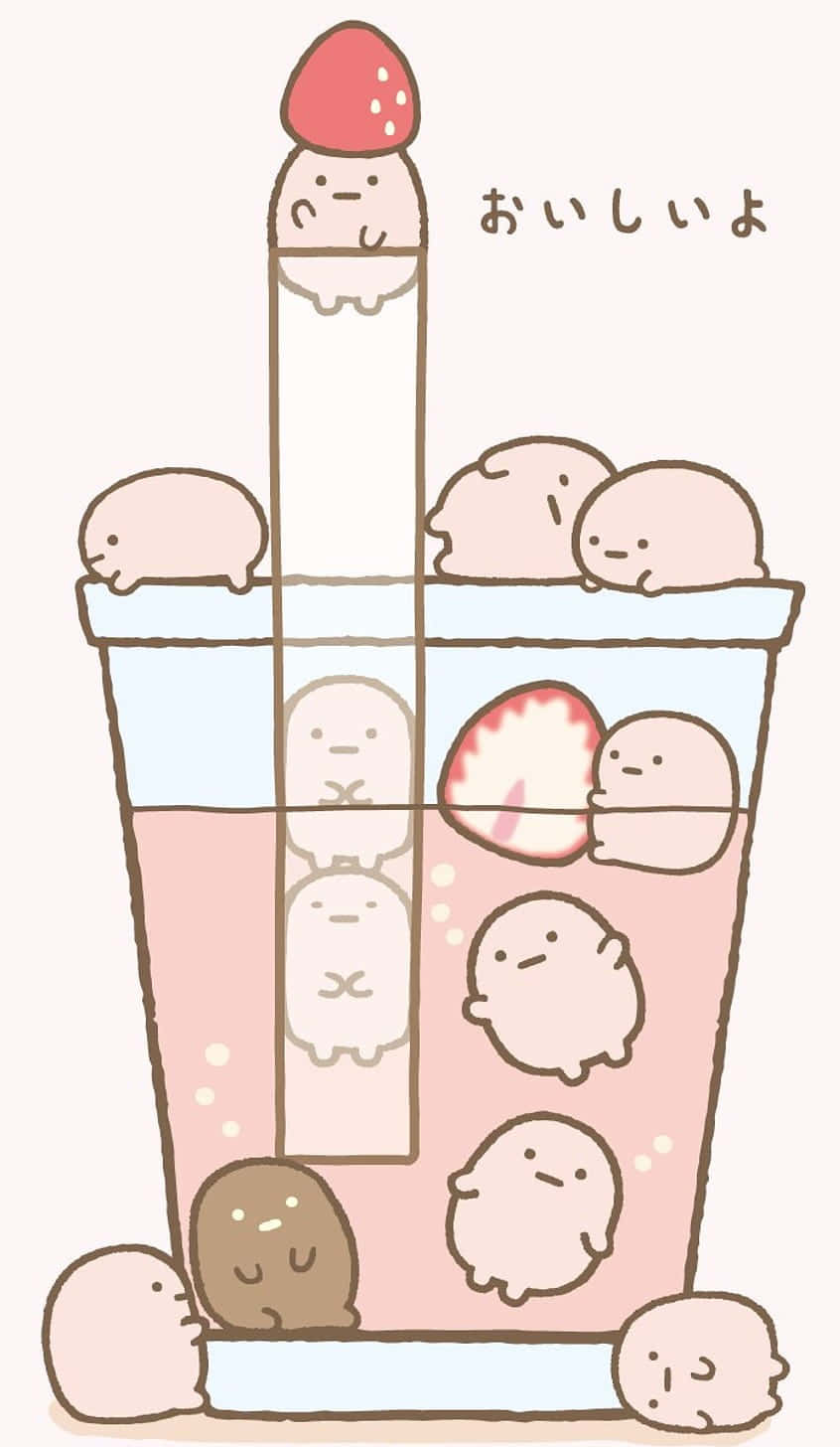 cute boba, pink tapioca pearls, strawberry topping, HD Phone Wallpaper