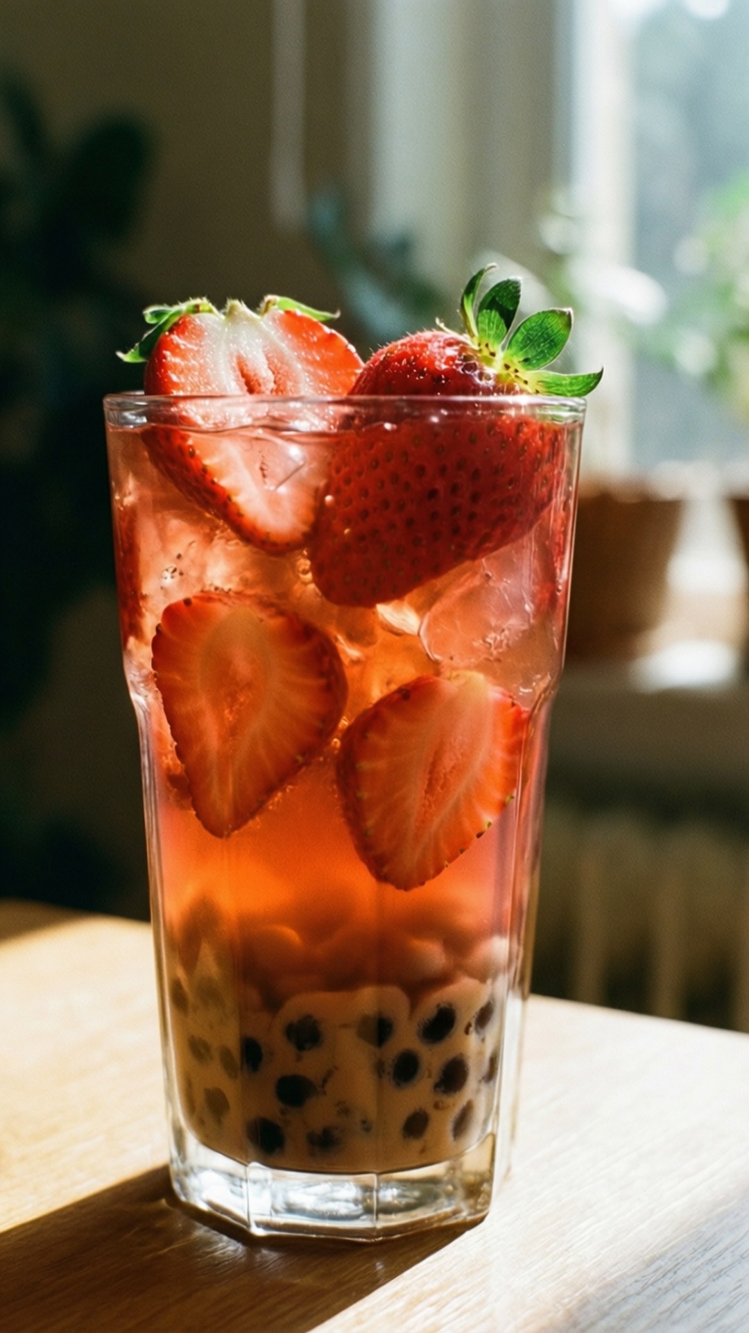 strawberry boba tea, fresh sliced strawberries, whole berries, Full HD Phone Wallpaper