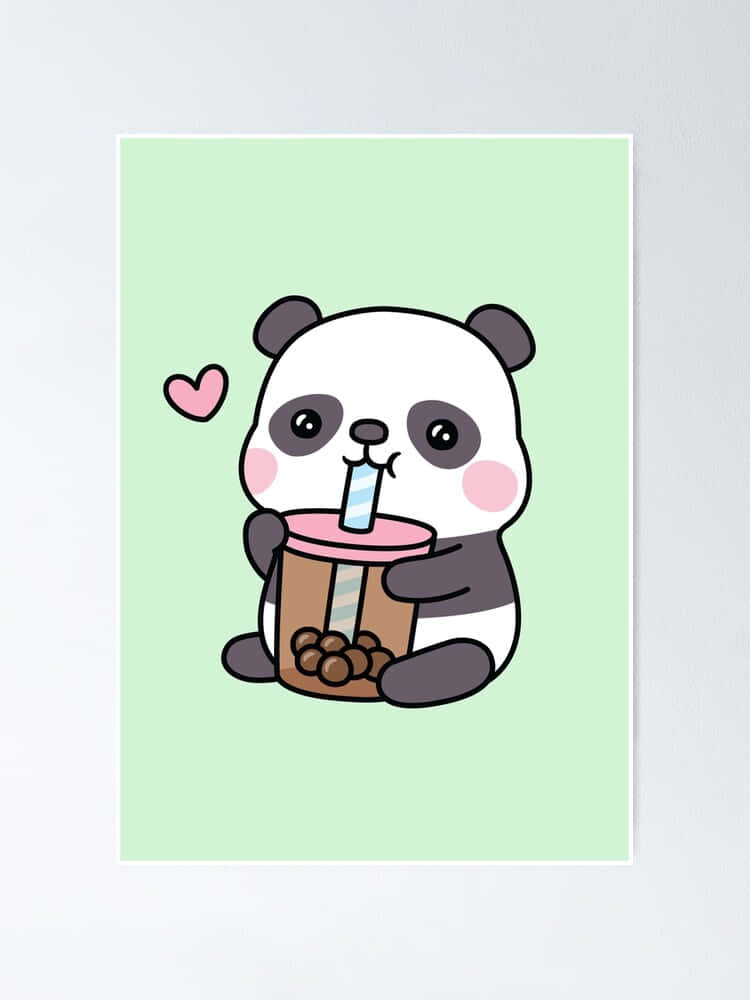 cute cartoon panda, bubble tea, pink heart, SD Phone Wallpaper