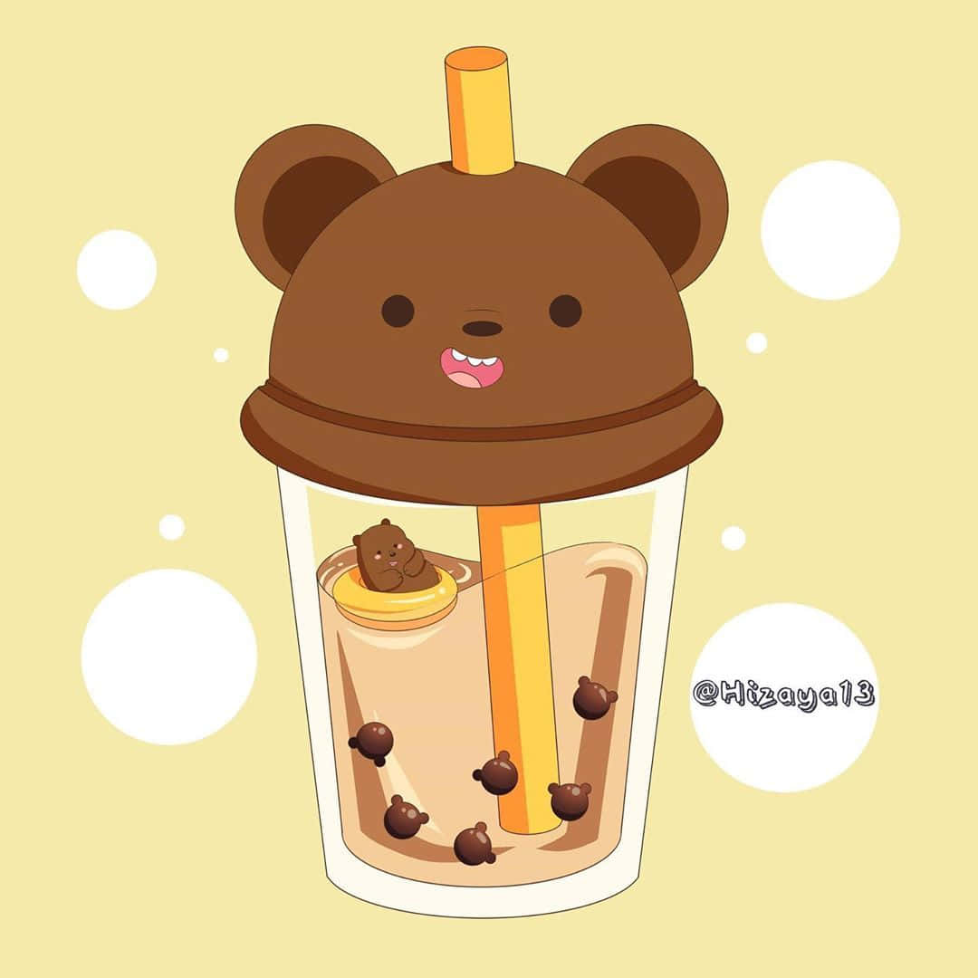 Grizzly Bear Theme, cute cartoon bear-shaped bubble tea cup, smiling lid, SD Desktop Wallpaper