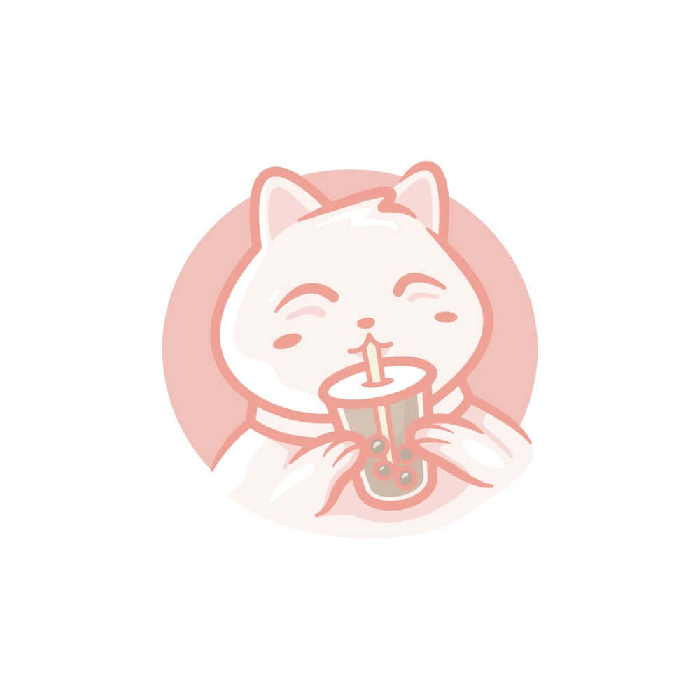 bubble tea, white cartoon cat, straw, SD Desktop Wallpaper