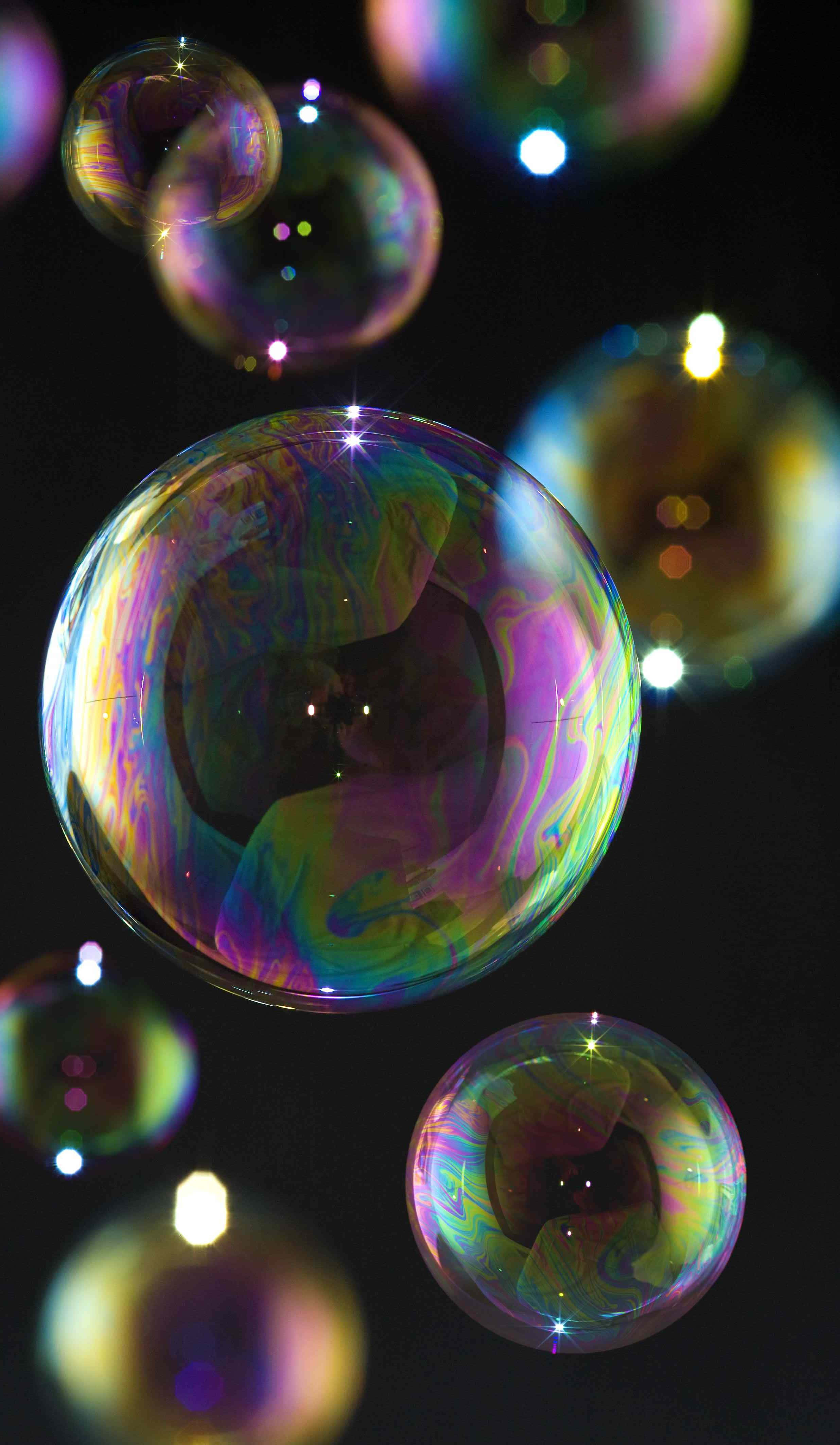 Bubbles Phone, iridescent soap bubbles, black background, 4K Phone Wallpaper