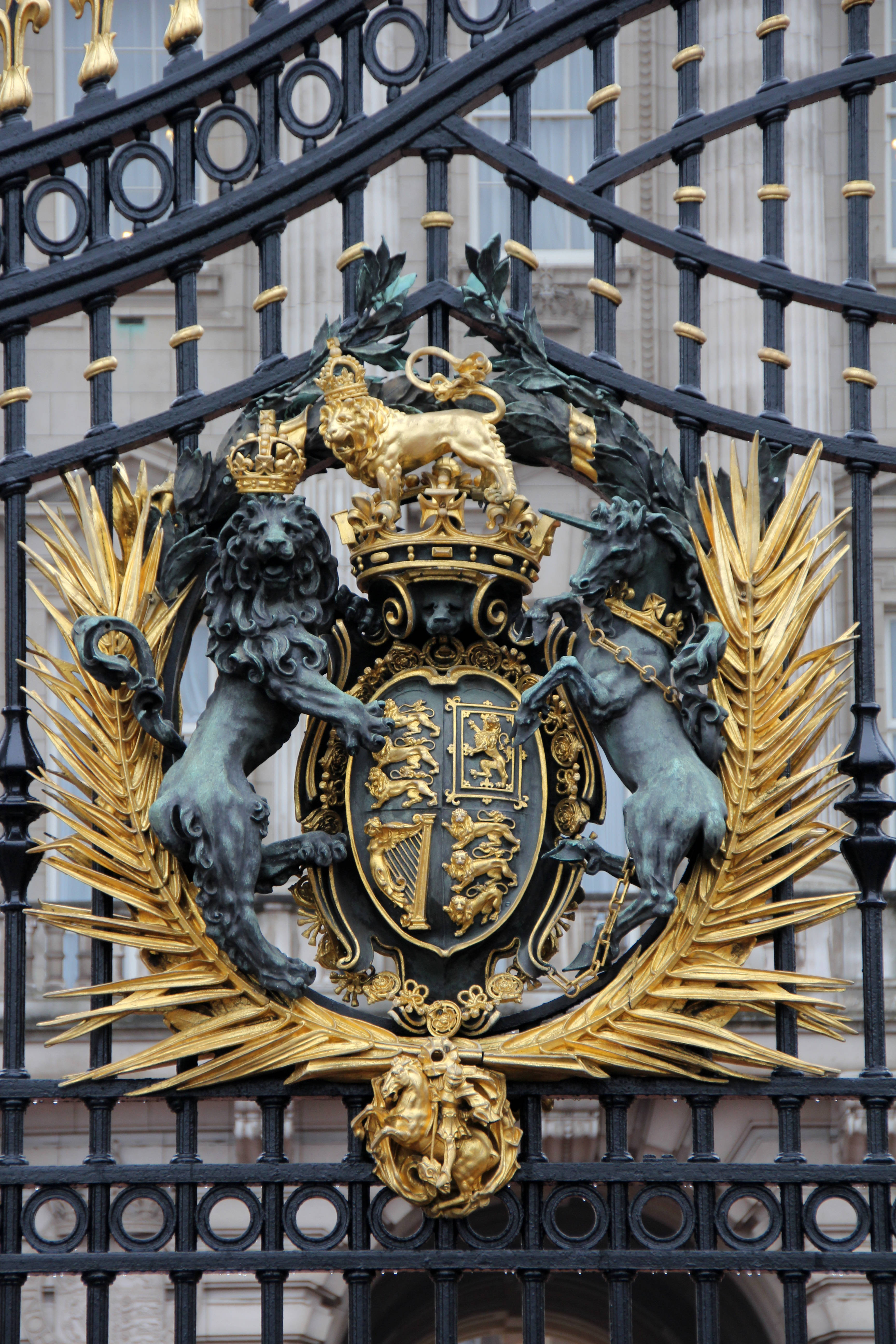 Buckingham Palace, black iron gate, golden royal crest, 5K Phone Wallpaper