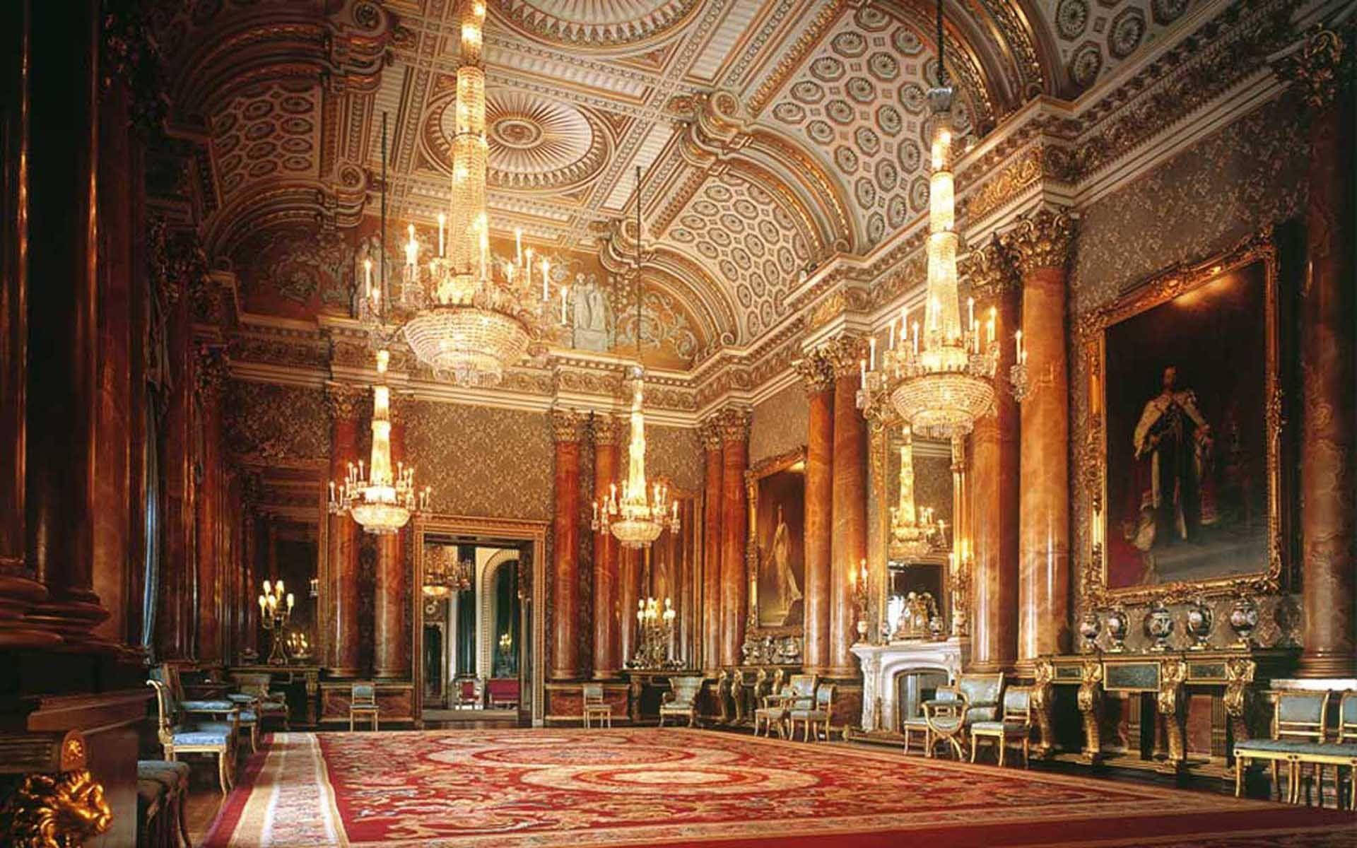 Buckingham Palace, hallway, gilded chandeliers, Full HD Desktop Wallpaper