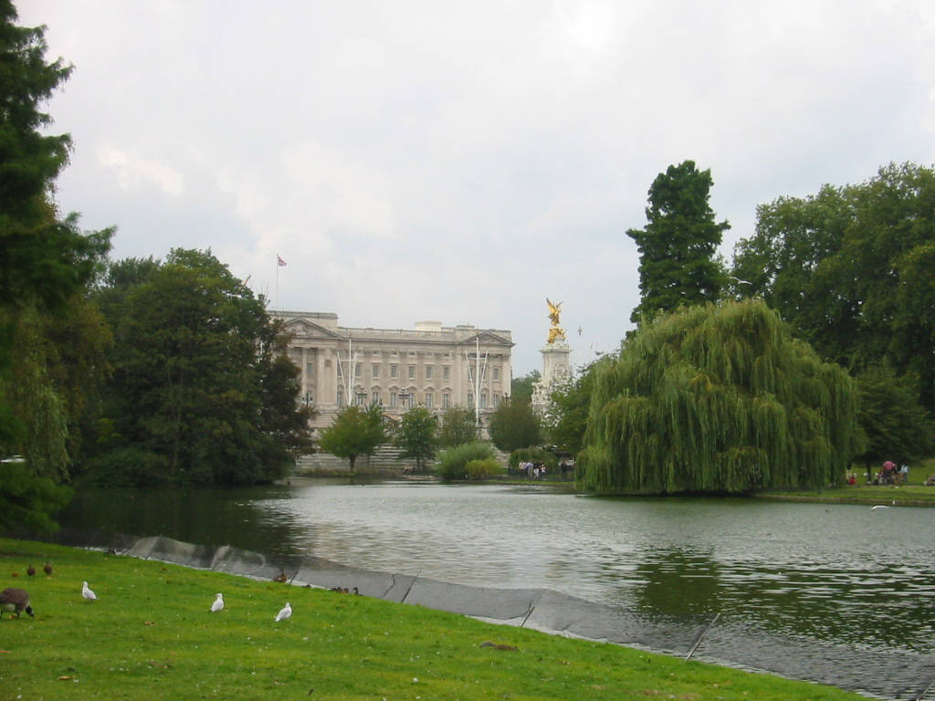 Buckingham Palace, lake, lush green trees, SD Desktop Wallpaper